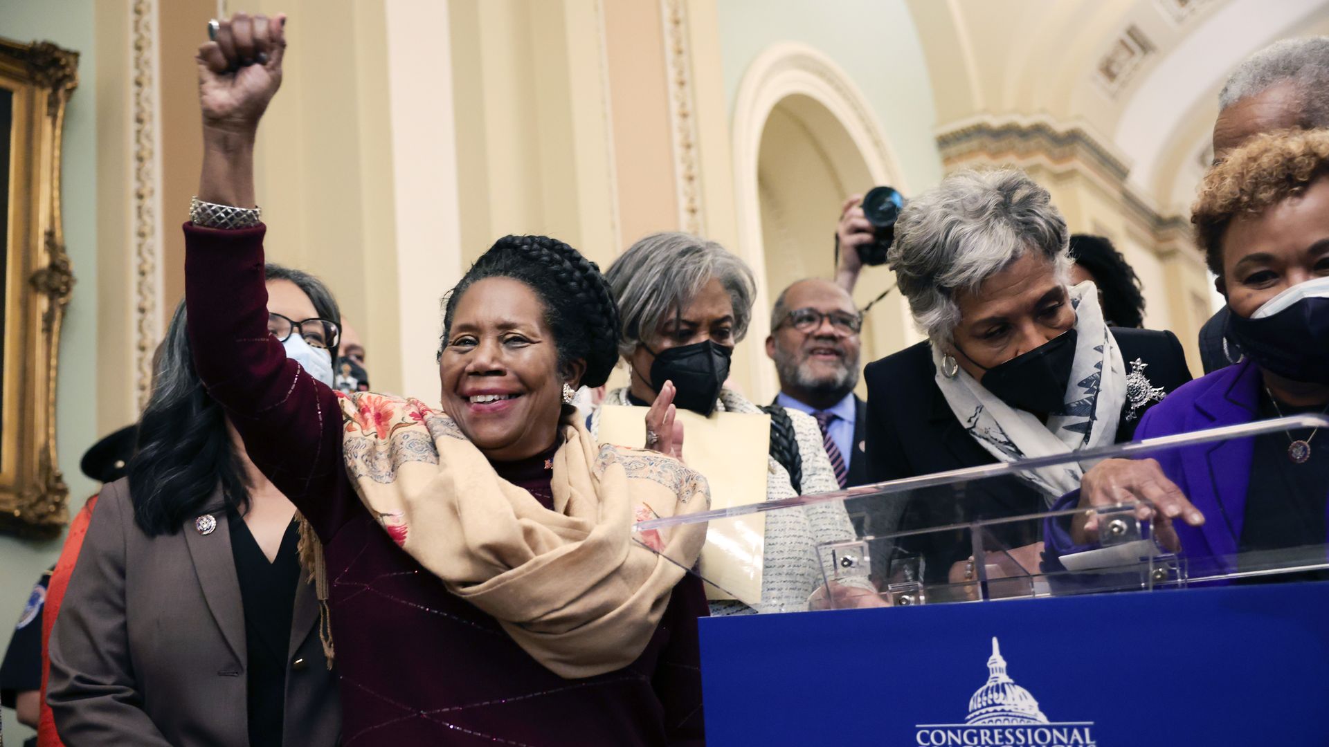 Members of the Congressional Black Caucus are seen celebrating Ketanji Brown Jackson's confirmation to the Supreme Court.