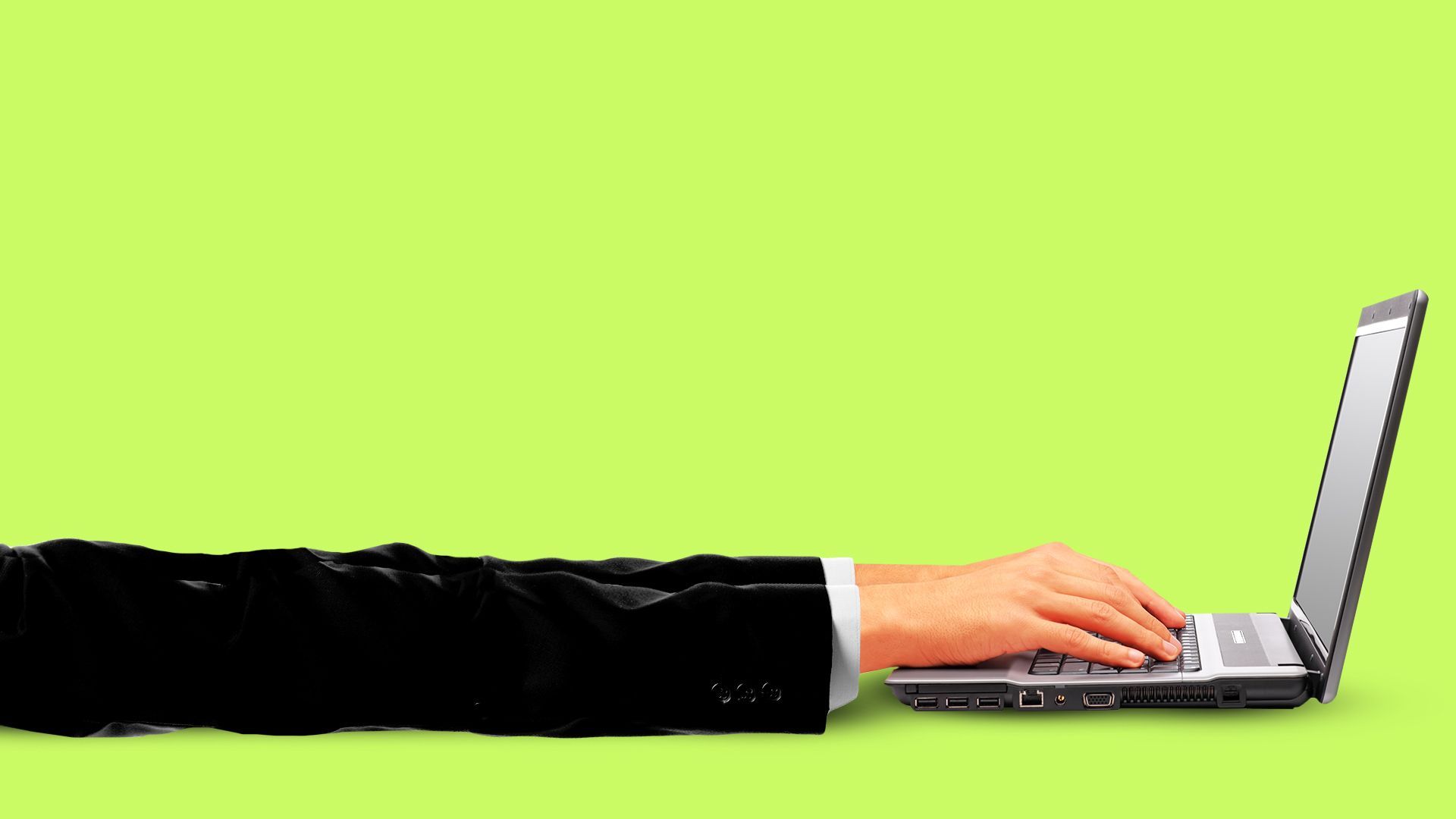 Illustration of a pair of hands with super long arms reaching out and working on a laptop