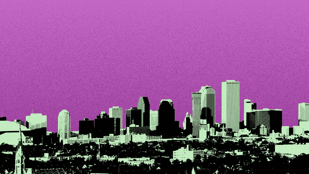 Illustration of the New Orleans skyline, with word balloons with exclamation points in them popping up above it from left to right.