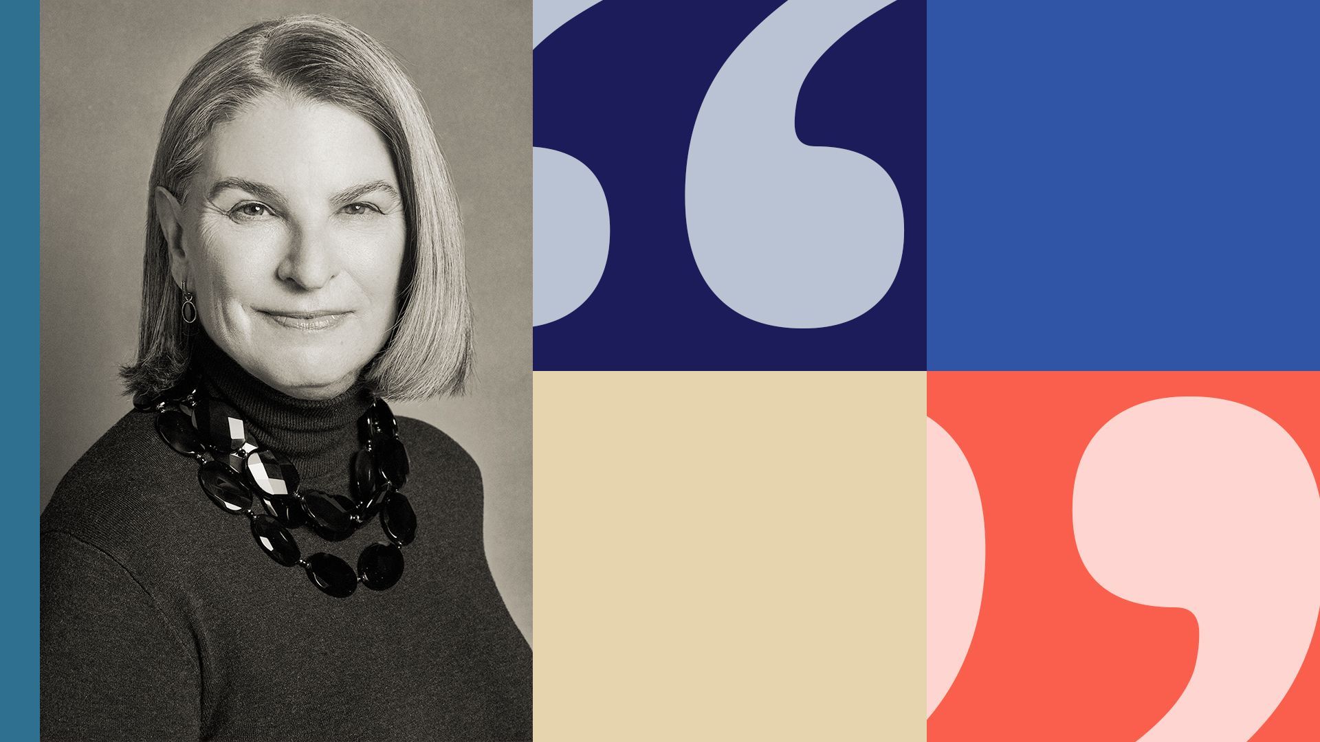 Photo illustration of Sally Susman, geometric shapes and quotation marks.