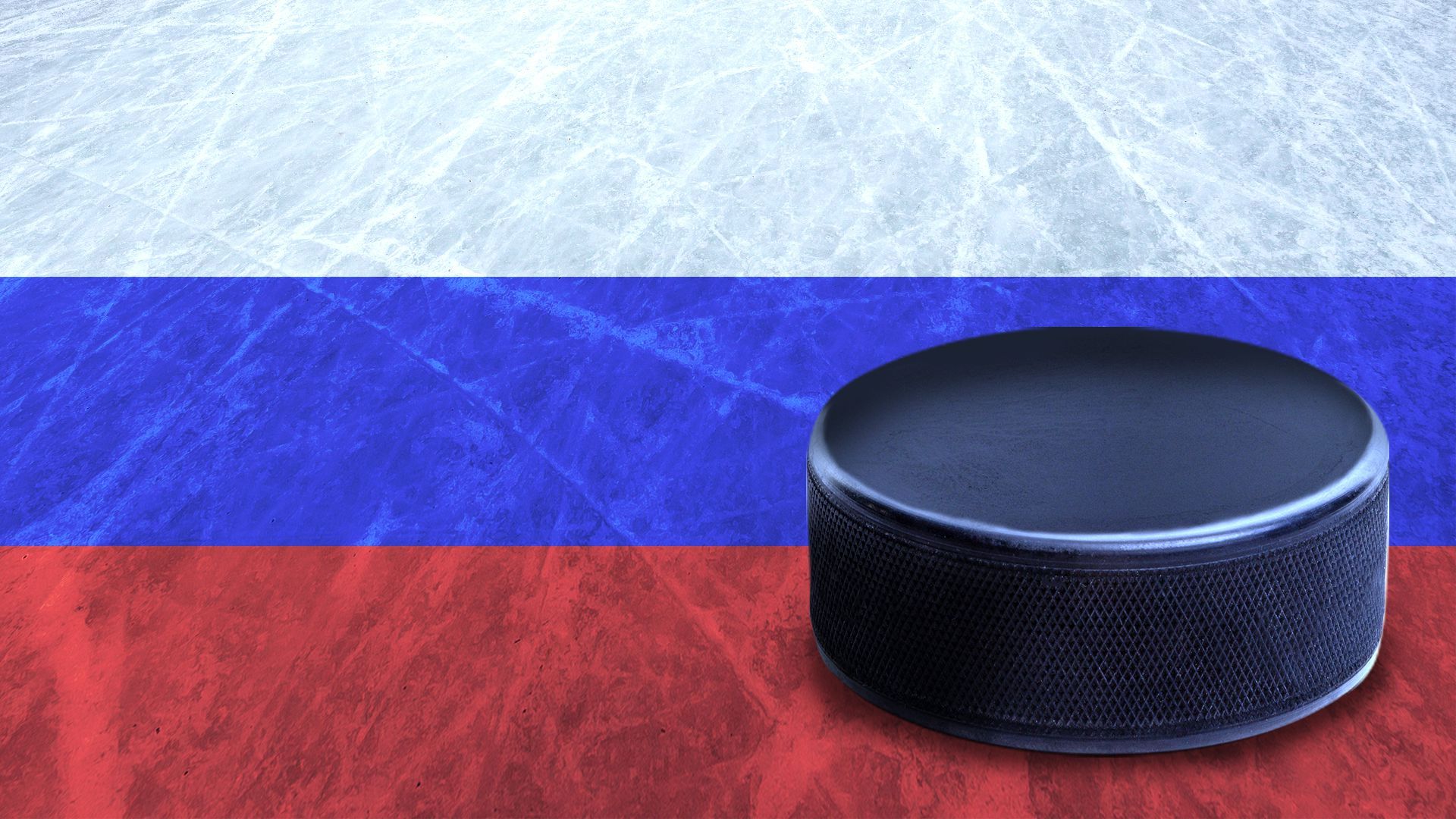 Illustration of a hockey puck on ice with the Russian flag.
