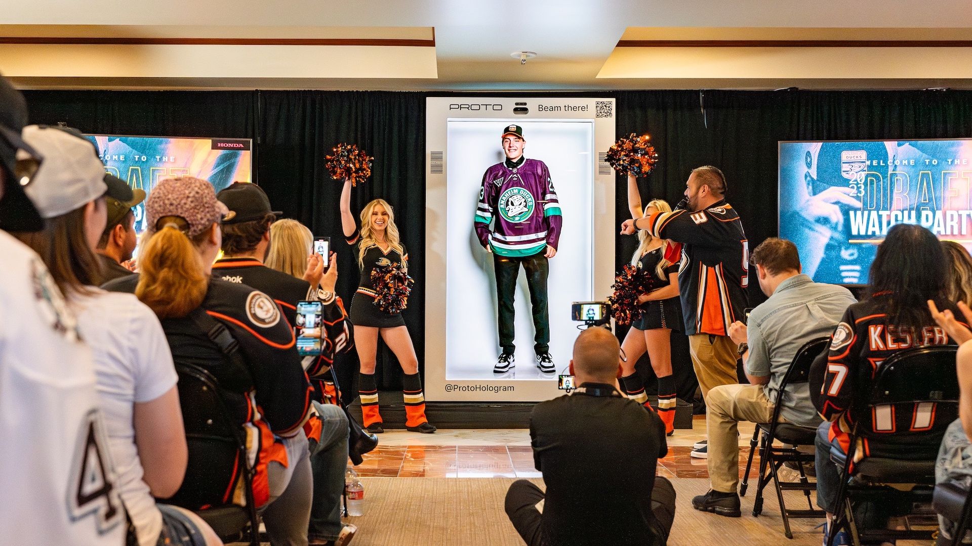 hockey hologram in room with fans