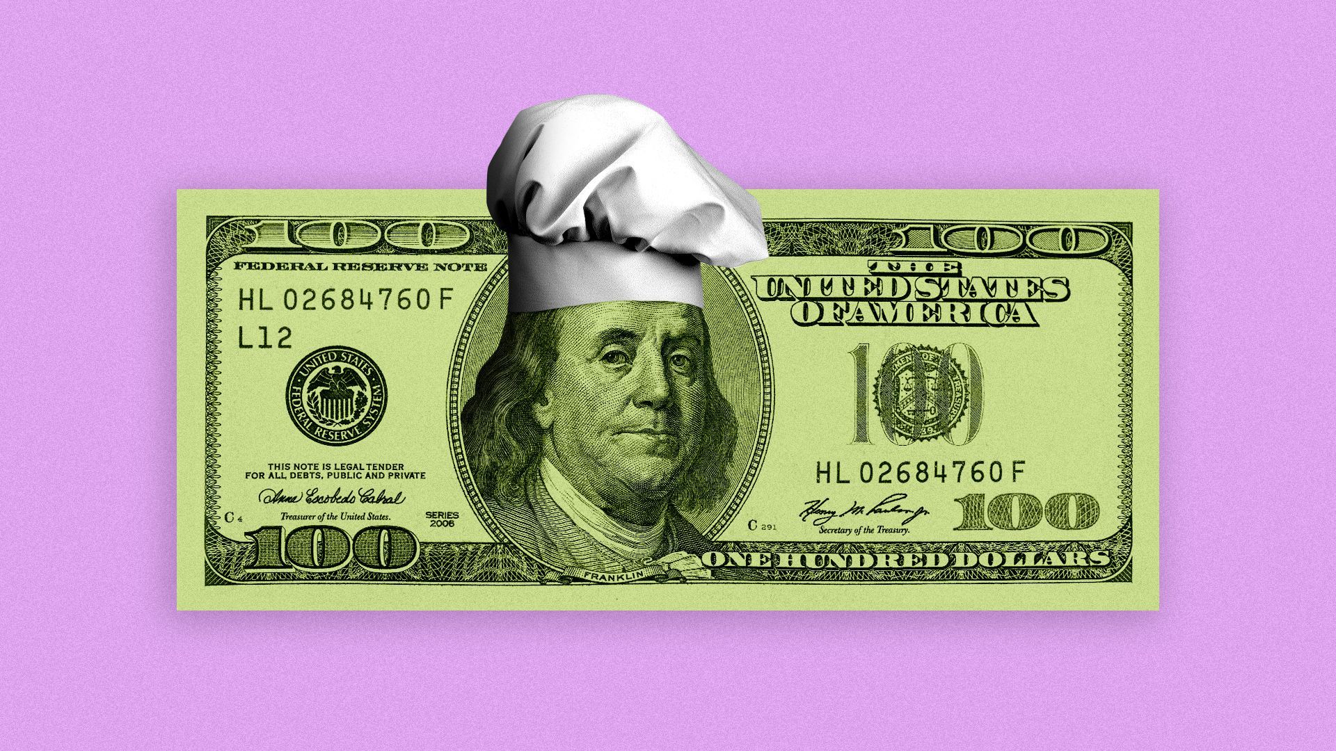 Illustration of a hundred dollar bill with Benjamin Franklin wearing a chef's hat. 