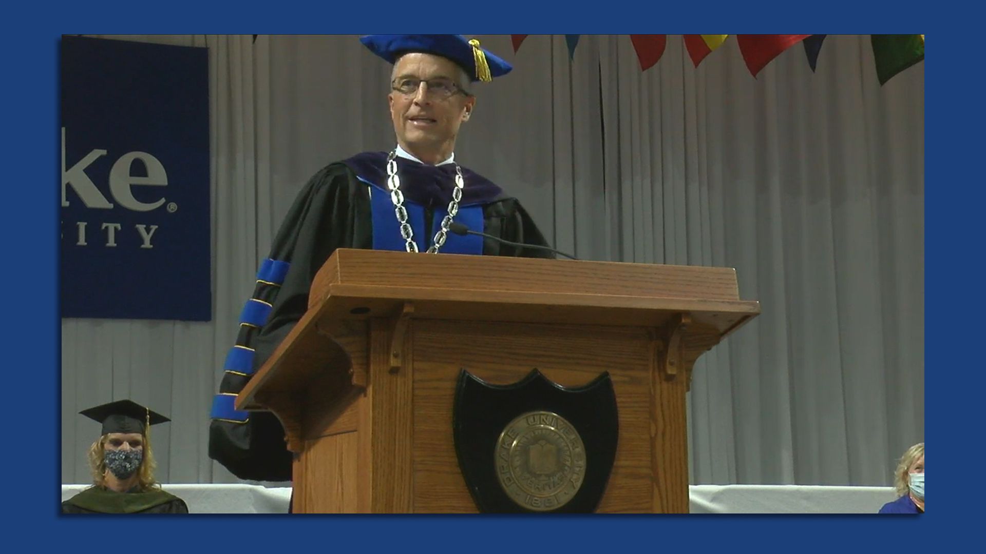 Drake University President Marty Martin speaks during a May 14 commencement ceremony