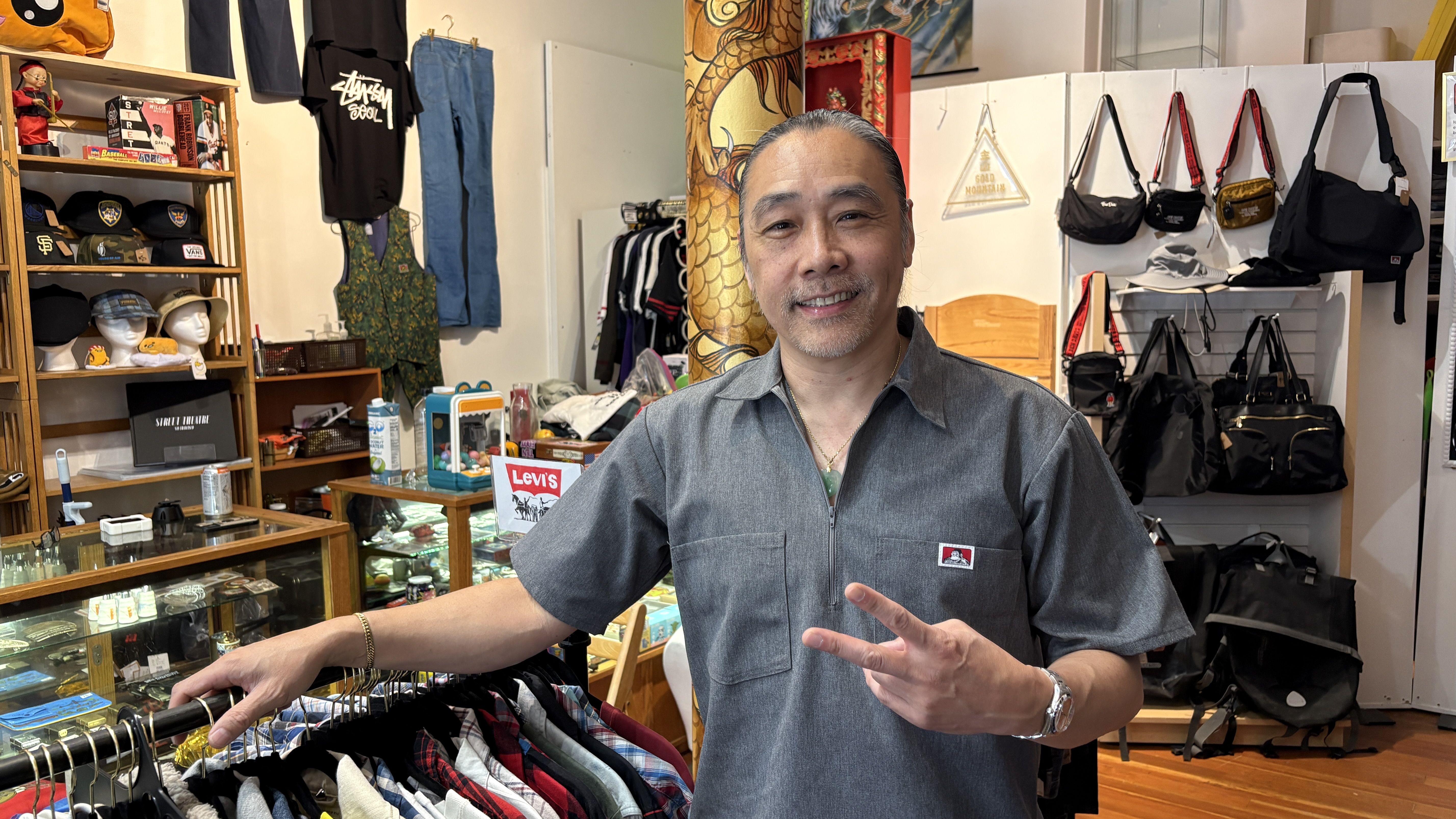 Max Leung wears the classic half-zip Ben Davis shirt. Photo: Nadia Lopez/Axios