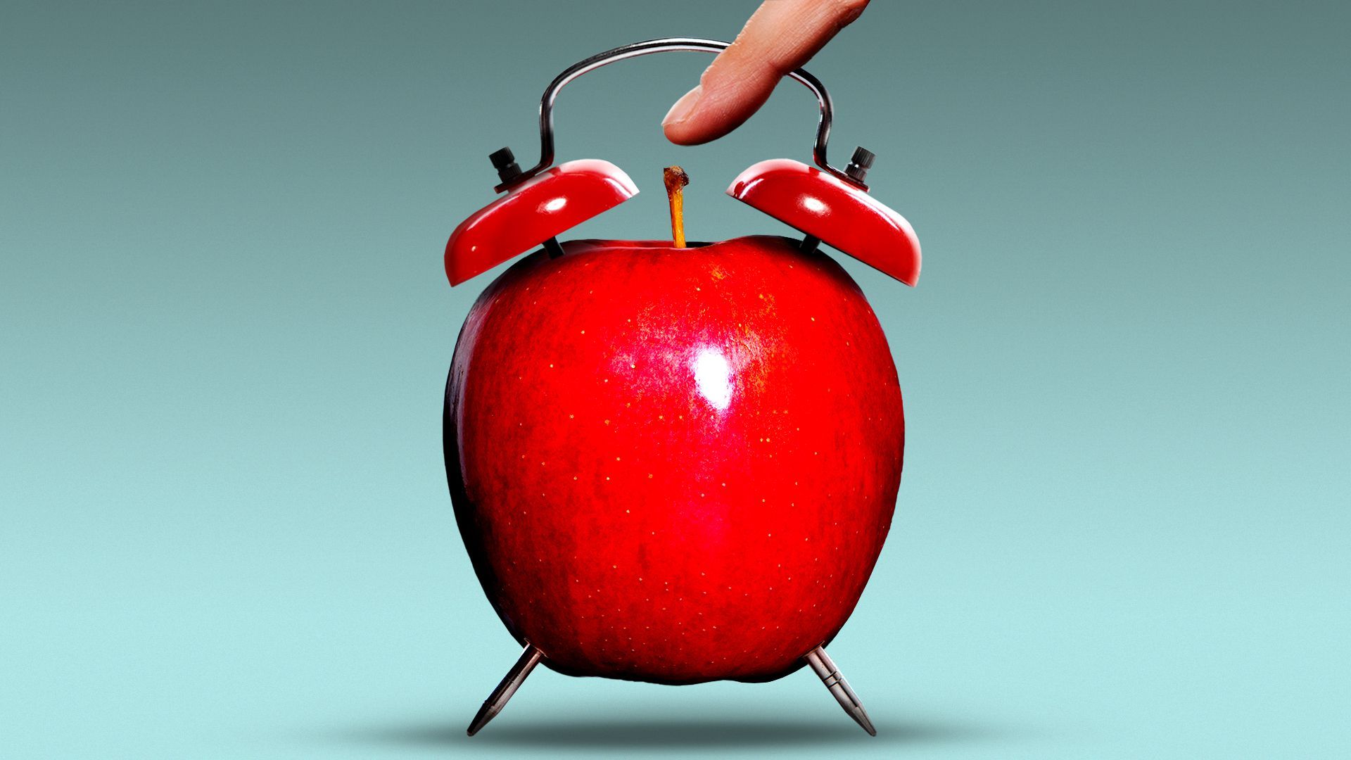 Illustration of a finger stretching out to turn off an alarm clock made from a red apple