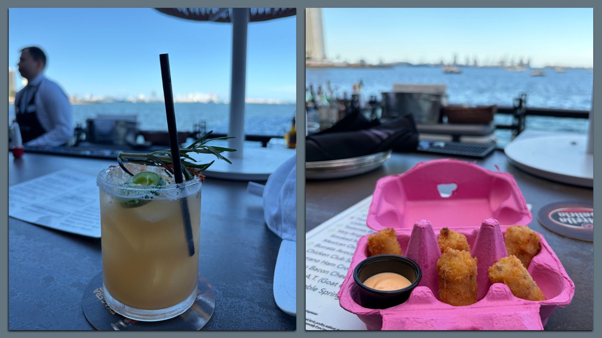Union Paloma Mezcal (left) and the croquetas