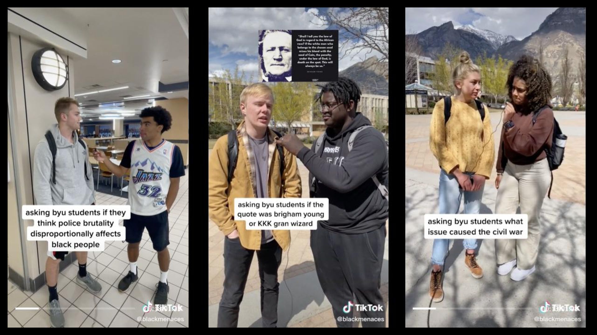 BYU students are shown being interviewed in screengrabs of Black Menaces TikTok videos 