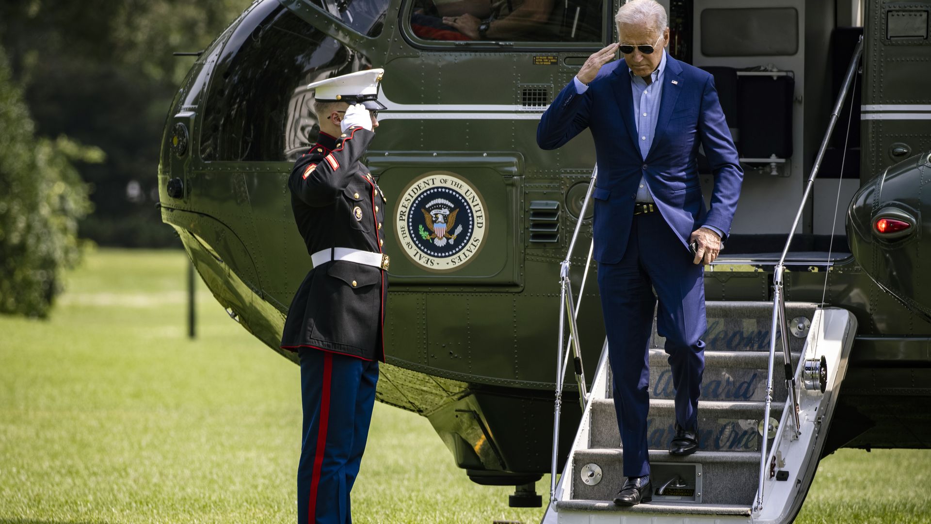 U.S. President Joe Biden gets off of Marine One on the South Lawn of the White House on July 25, 2021 in Washington, DC.