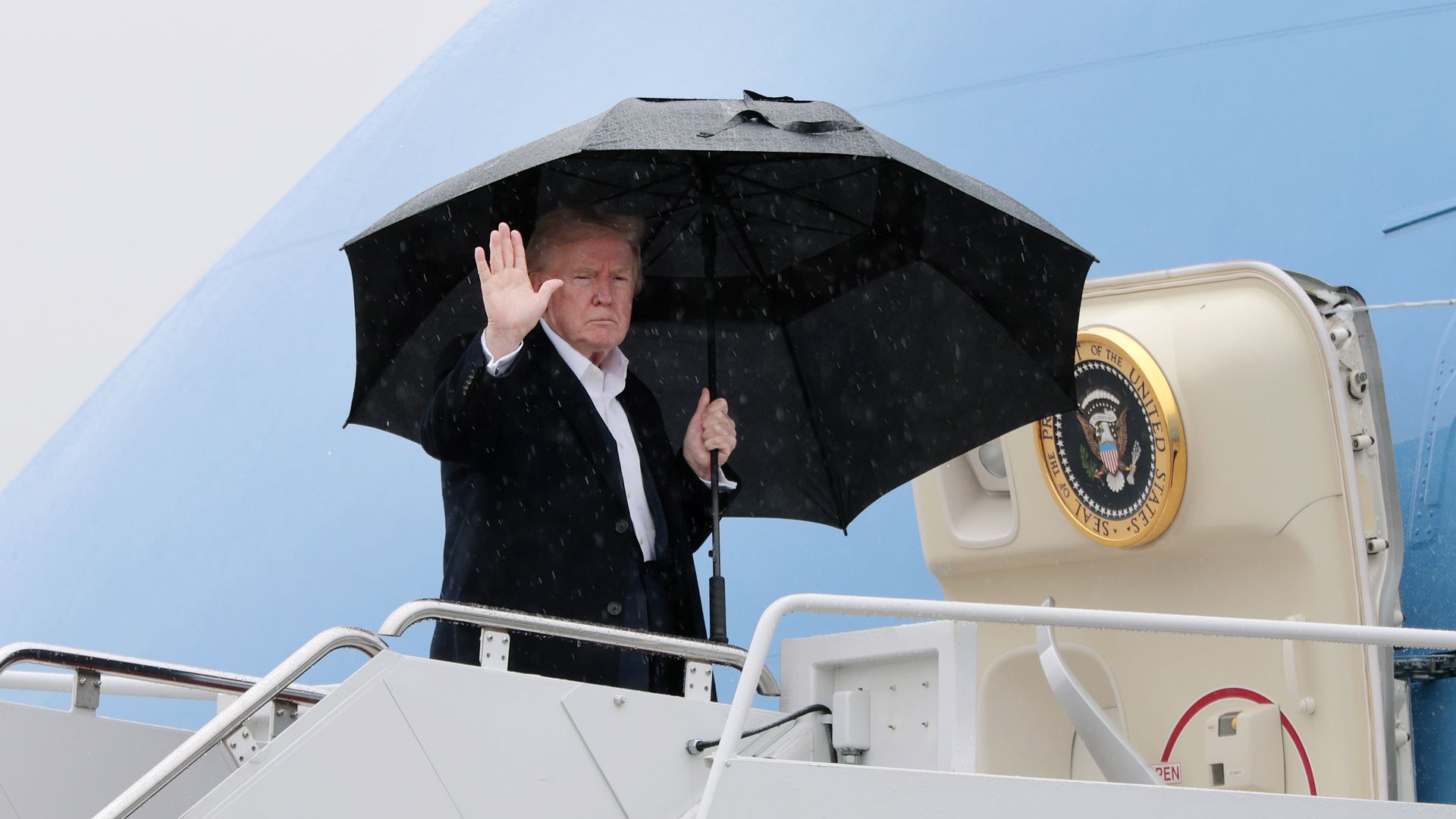 U.S. President Donald Trump waves as he boards Air Force One on April 11, 2025 at Joint Base Andrews, Maryland. President Trump spent the afternoon undergoing his first annual physical examination since taking office 