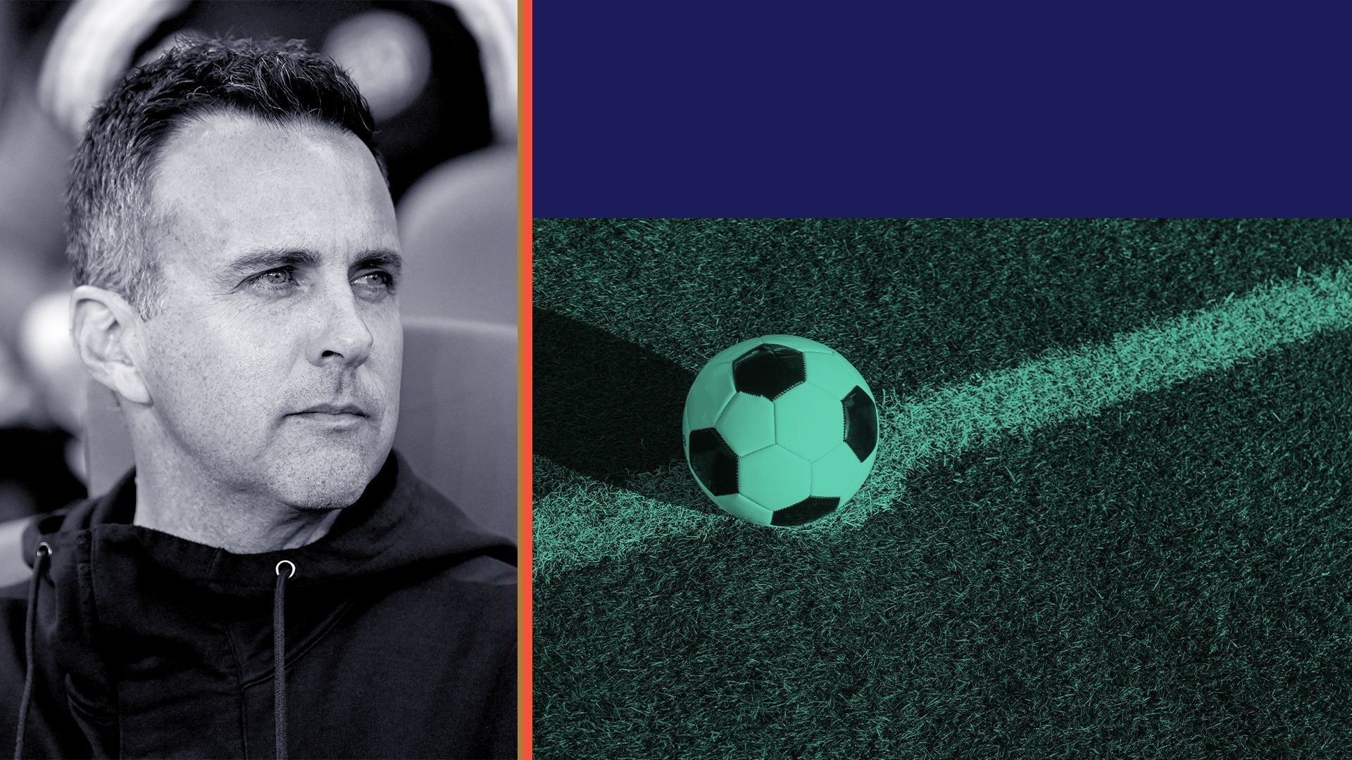 Photo illustration of Kerry Zavagnin collaged with abstract shapes and a soccer ball on a field.