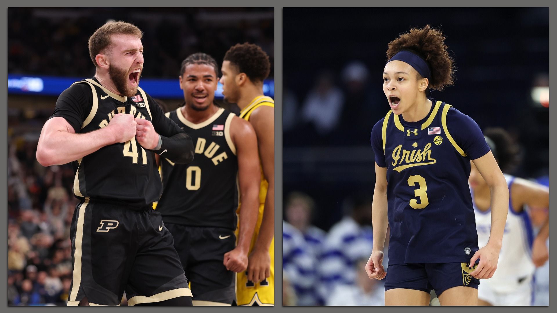 Photos of the college basketball players Braden Smith from Purdue and Hannah Hidalgo from Notre Dame.