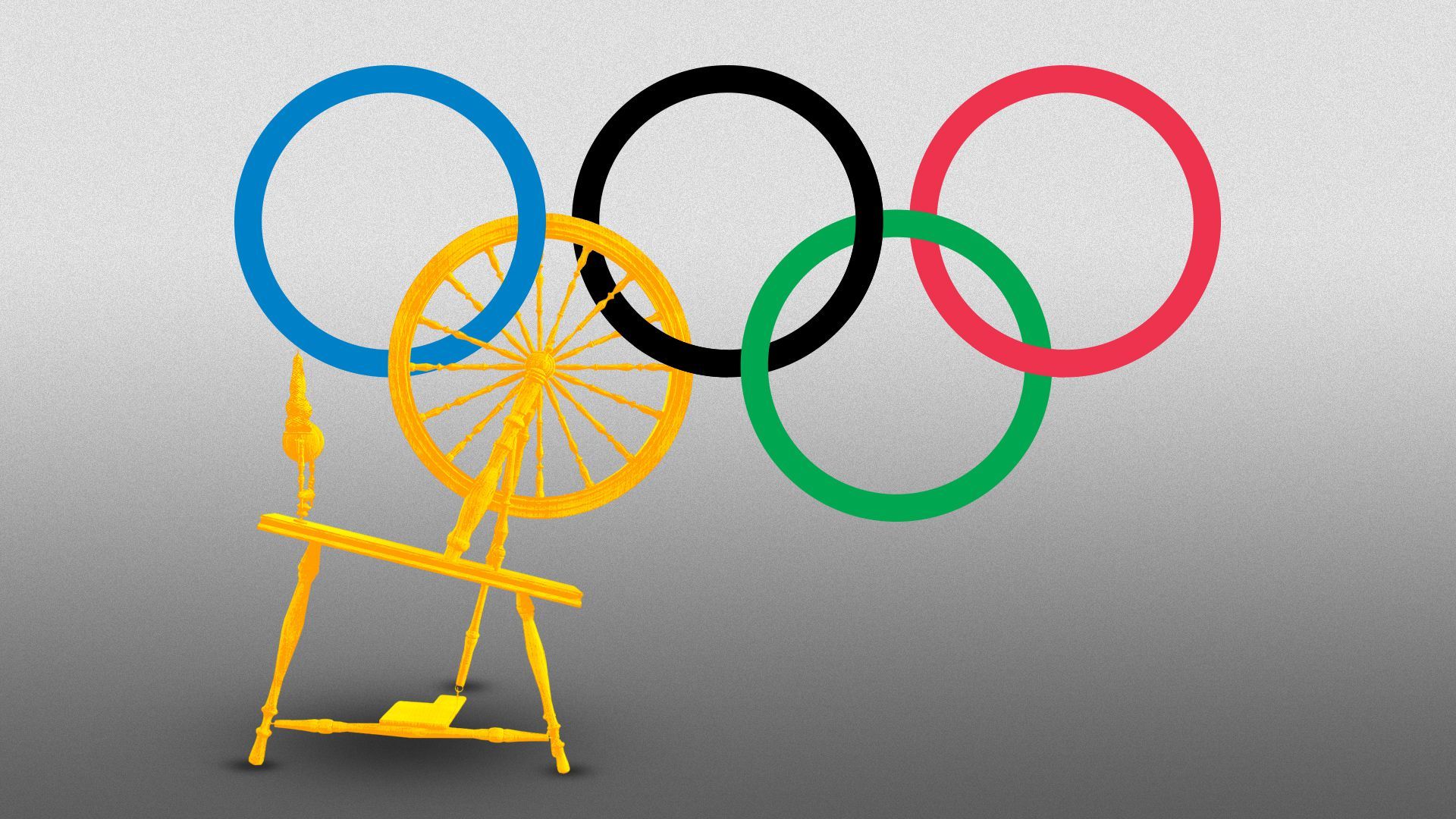 Illustration of the Olympic rings with one of the rings made from a spinning wheel.  