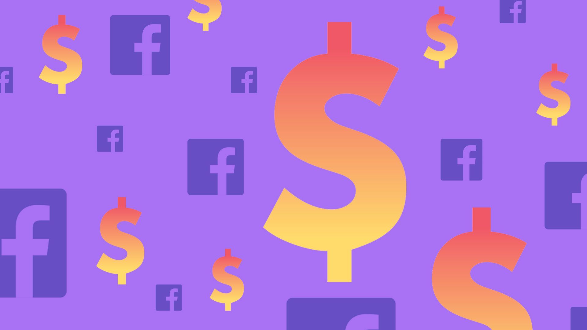An illustration of the Facebook logo and dollar signs against a purple background