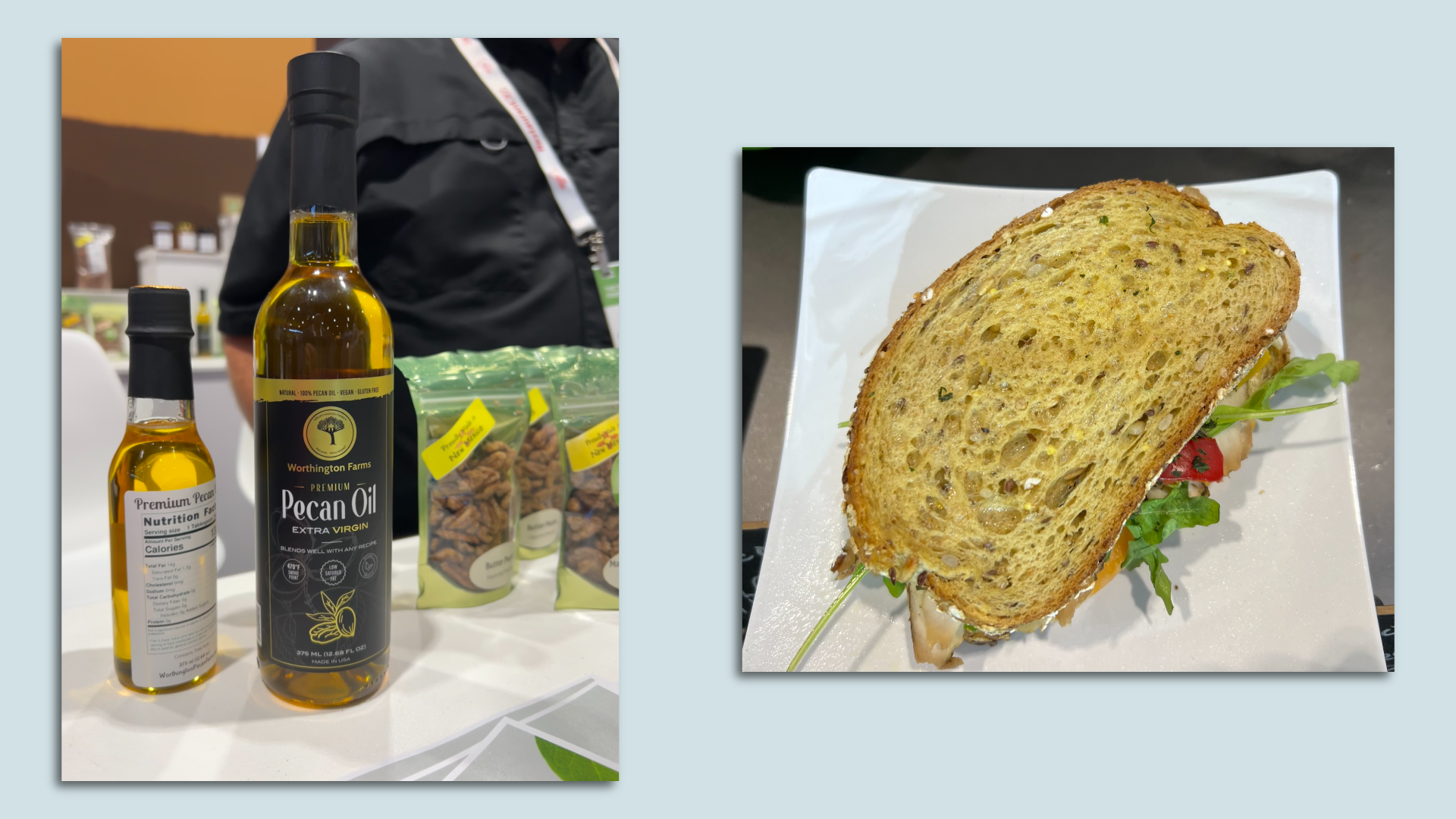Pecan oil, which is distinctly pecan-y (pecanesque? pequant?), is made in New Mexico and Texas. This bottle is from Worthington Farms of New Mexico. At right, a sandwich made with slices from the Avocado Bread Company of Denville, New Jersey. It has a guacamole tang to it. Photos: Clifford A. Sobel for Axios.