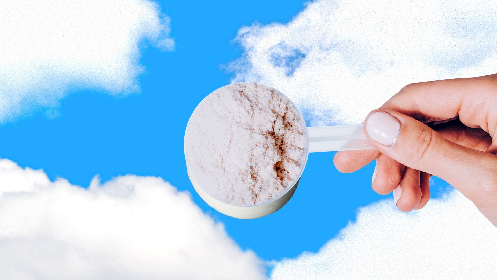 Illustration of a hand scooping protein powder from clouds 