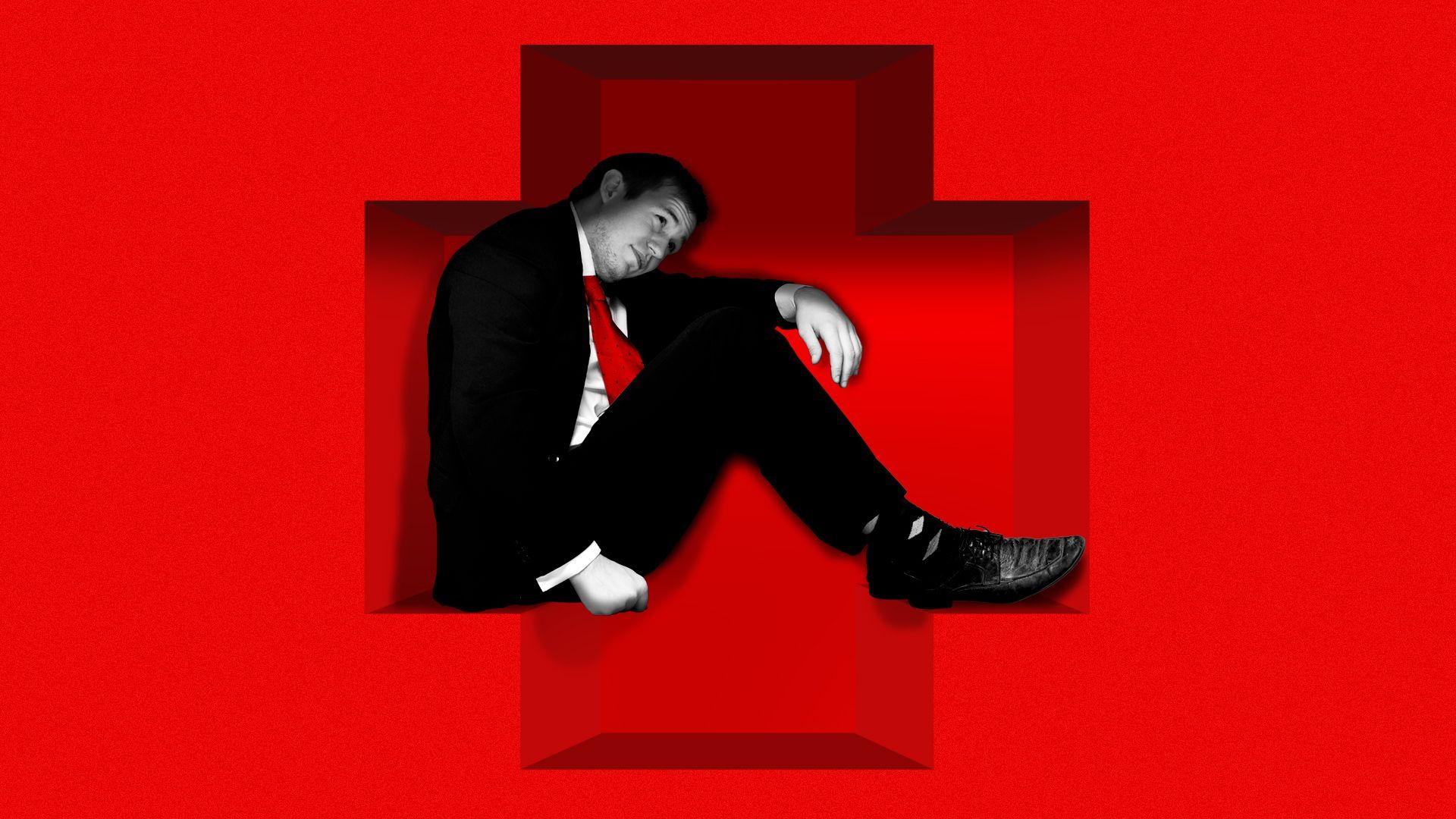 Illustration of a man inside of a red cross-shaped box