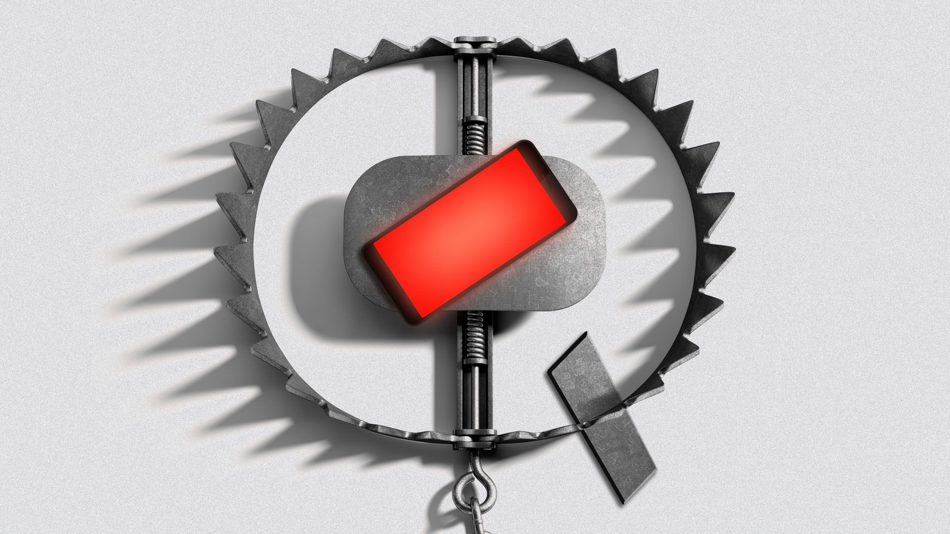 Illustration of a bear trap shaped like a "Q" with a glowing red phone in the middle