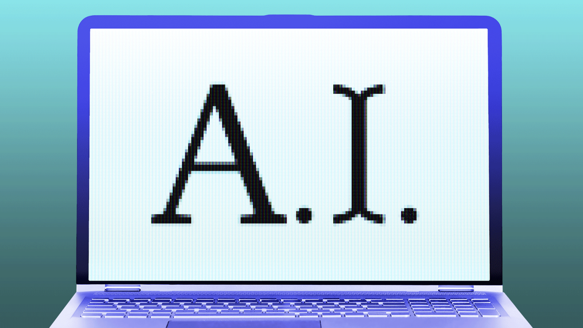 Illustration of a laptop screen showing the characters "A.I." with the I represented by a blinking insert cursor.