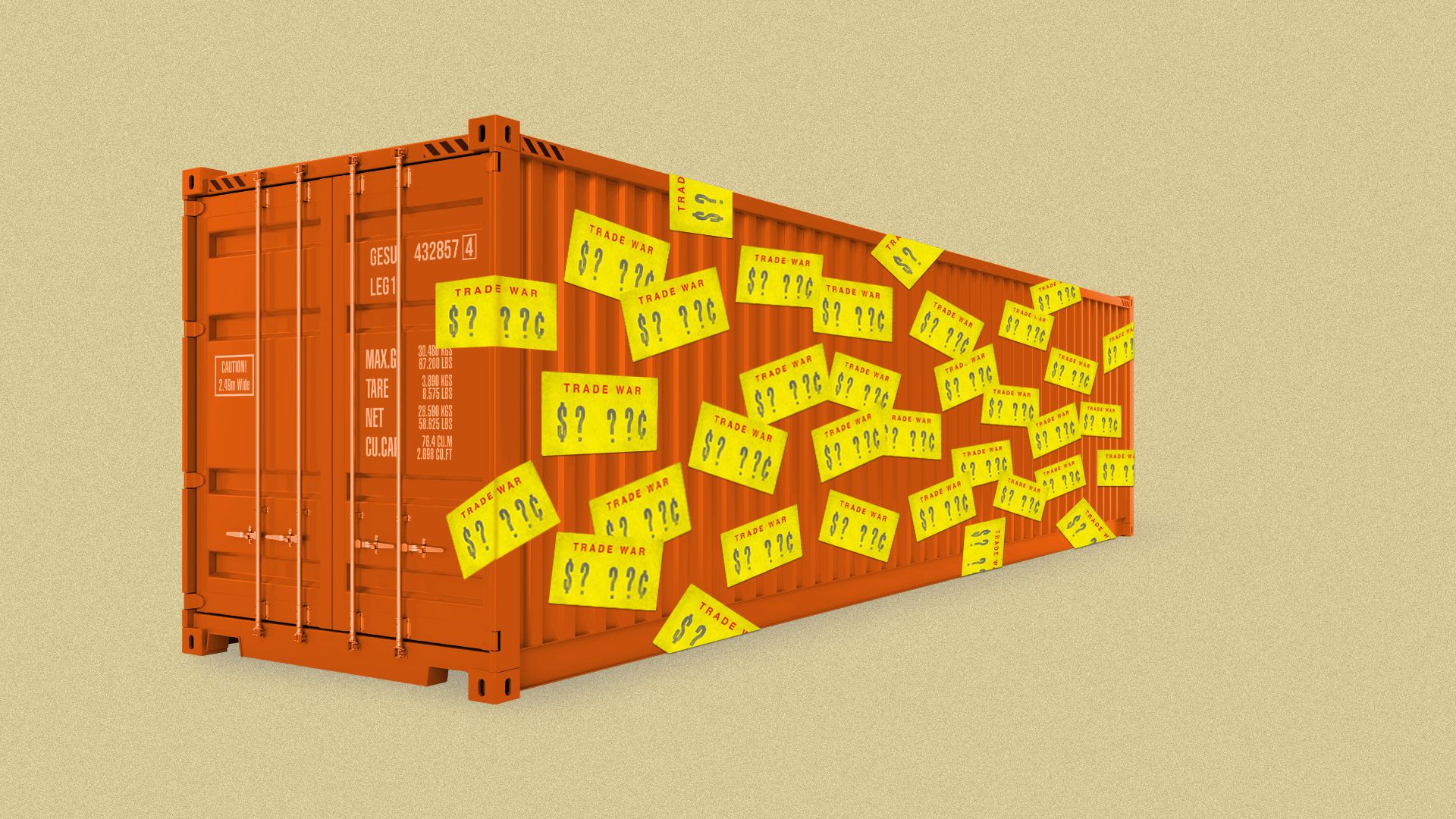 An illustration of a shipping container covered in price tags