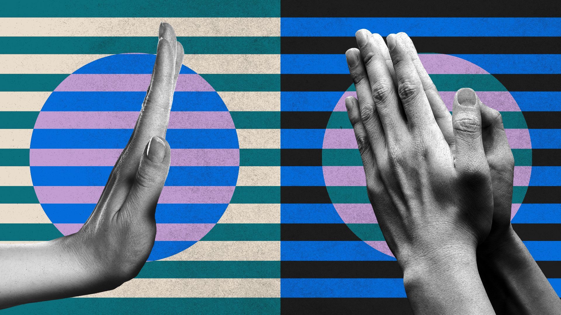 Illustration of one hand making a "stop" motion and another set praying set over a background of lines and circles