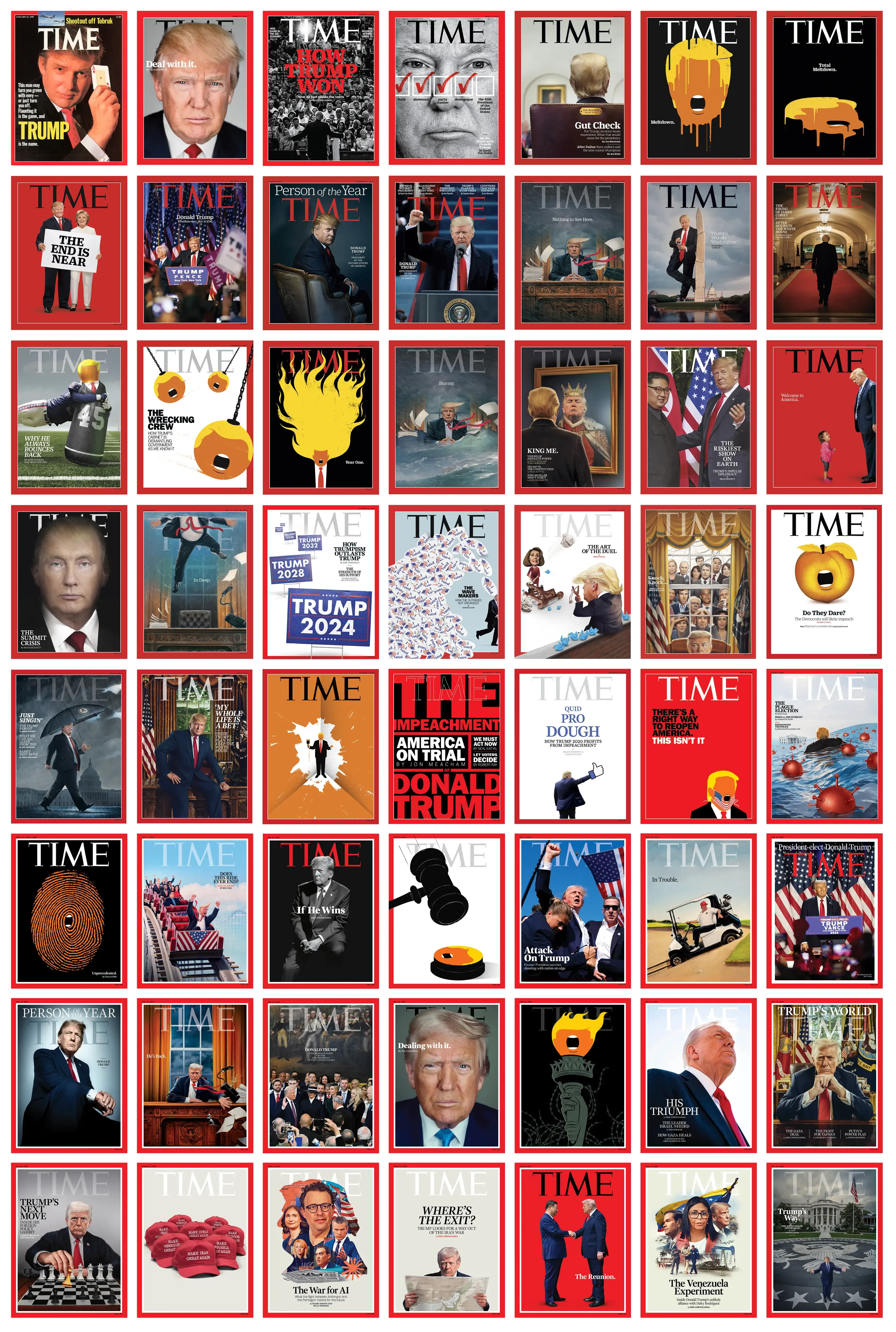A grid of TIME magazine covers with bold red borders, dominated by Donald Trump portraits and political scenes, plus editorial illustrations from recent years.