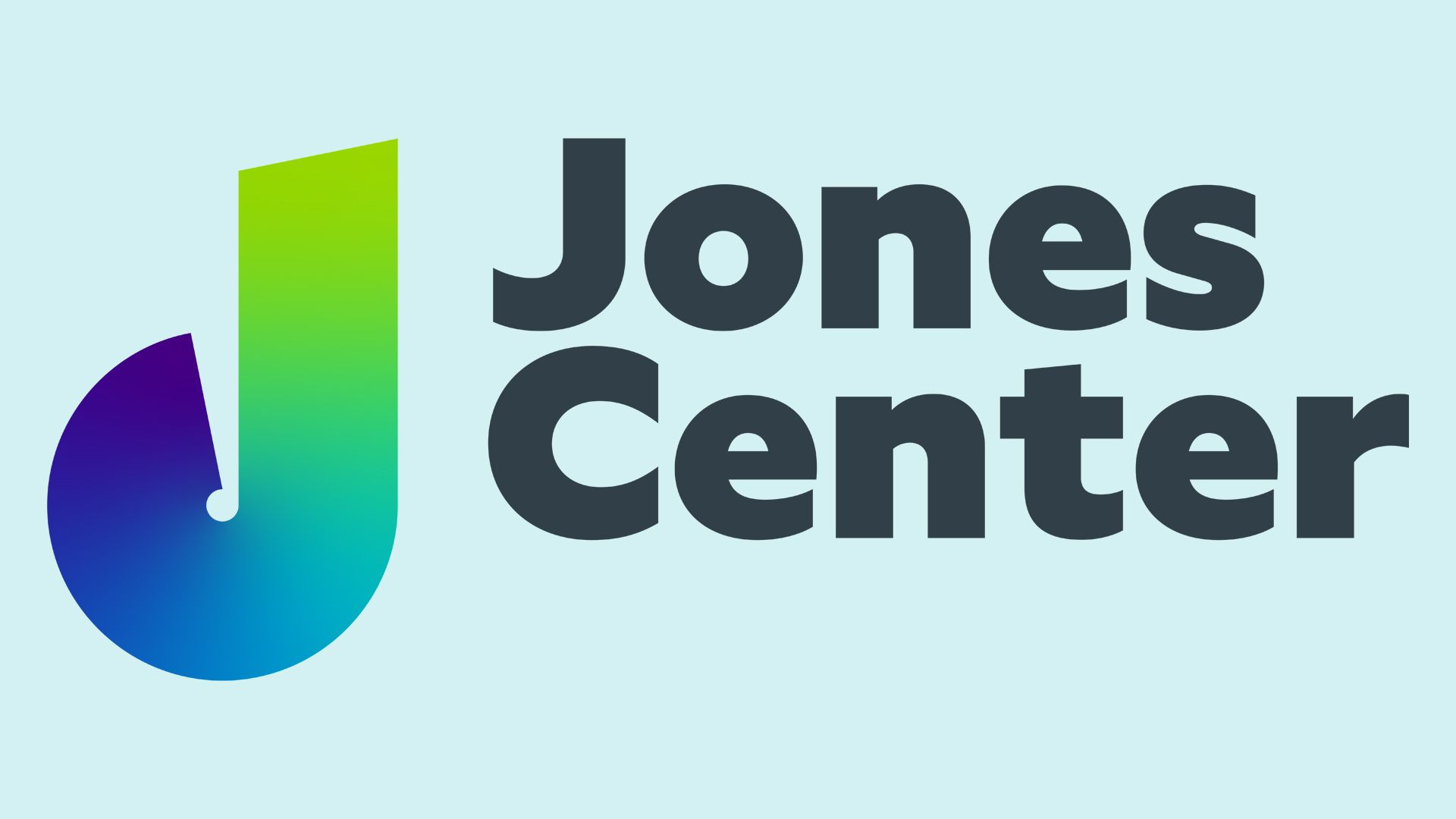 "Jones Center logo with a stylized letter 'J' in a gradient of blue, green, and purple to the left of bold black text that reads 'Jones Center' on a pale blue background."