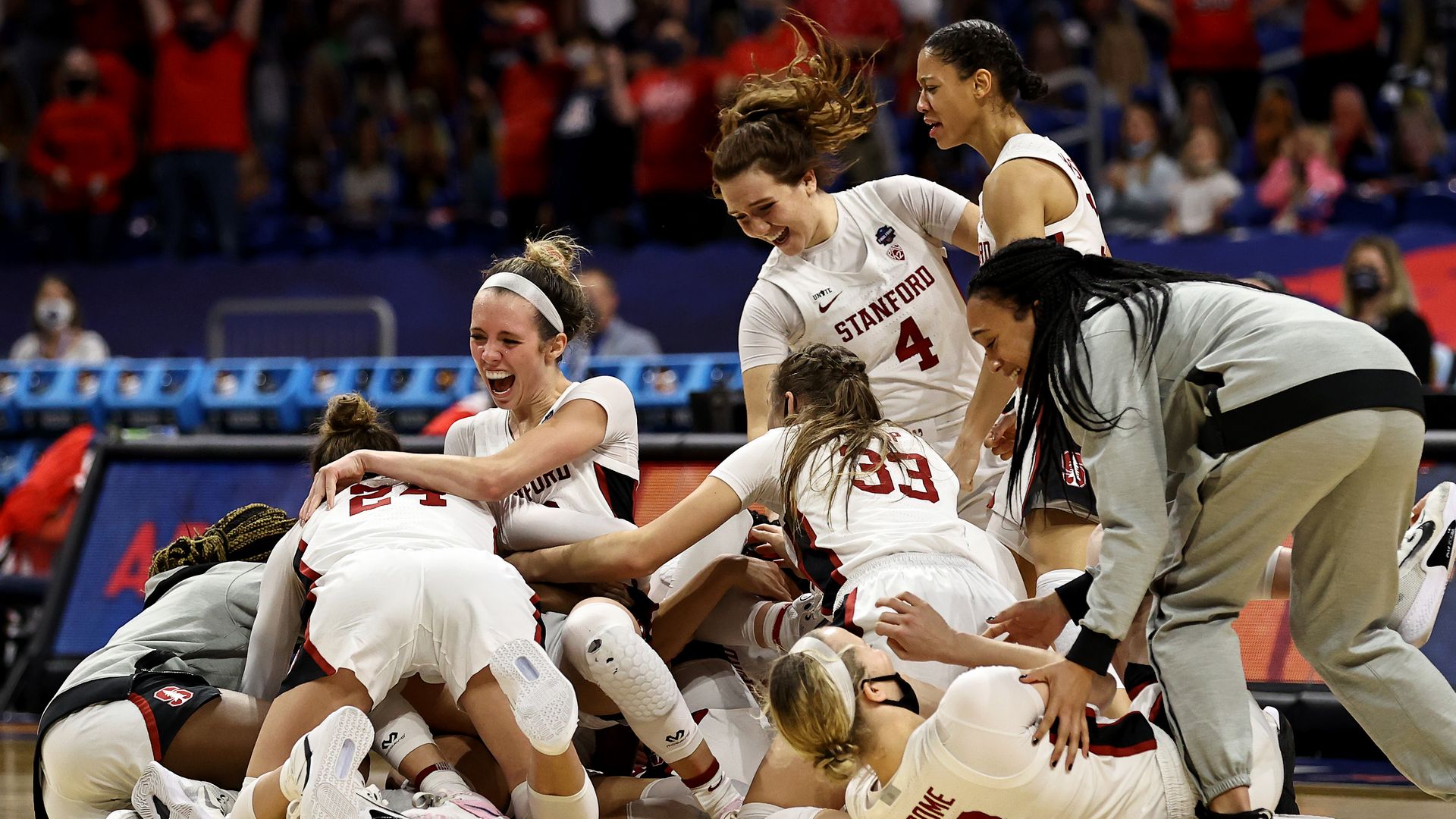 The Stanford Cardinal celebrate the win over the Arizona Wildcats during the National Championship game of the 2021 NCAA Women's Basketball Tournament at the Alamodome on April 04, 2021