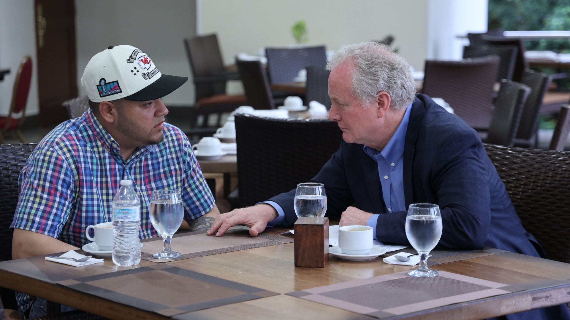  In this handout provided by Sen. Van Hollen's Office, U.S. Sen. Chris Van Hollen (D-MD) meets with Kilmar Armando Abrego Garcia (L) at an undisclosed location on April 17, 2025 in San Salvador, El Salvador. Abrego Garcia