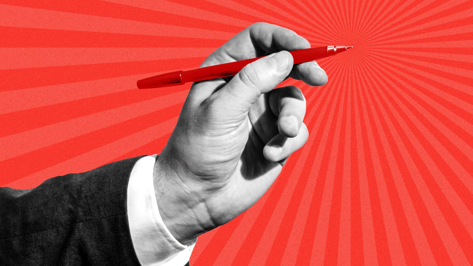 Illustration of a hand in a suit wielding a red pen with action lines surrounding it in the background