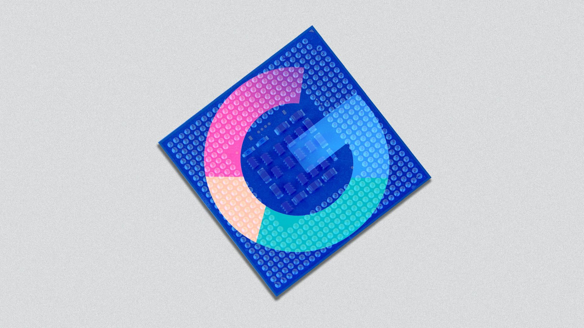 Illustration of a microchip in blue with the google logo on it