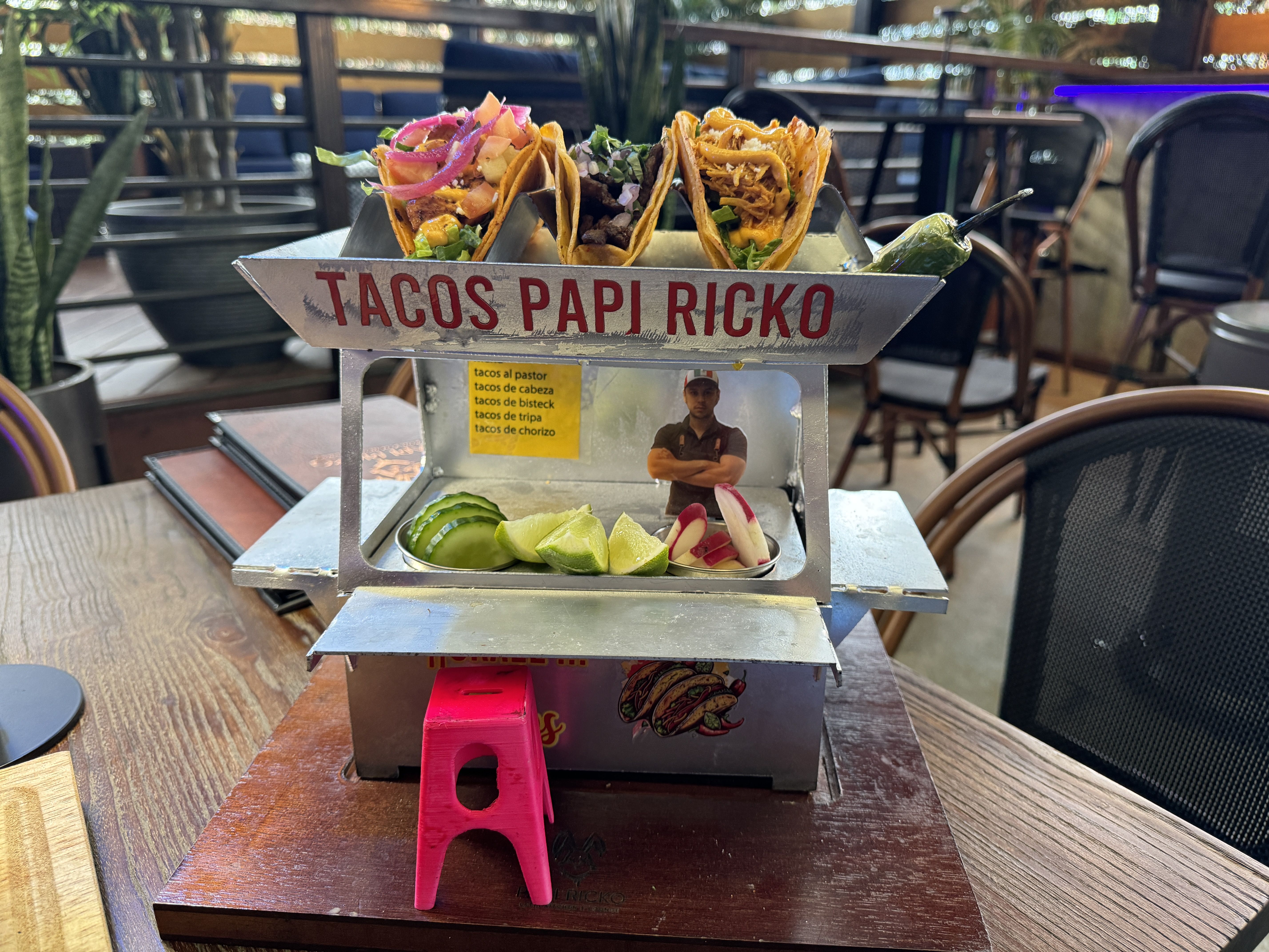 mini taco stand with taco ingredients