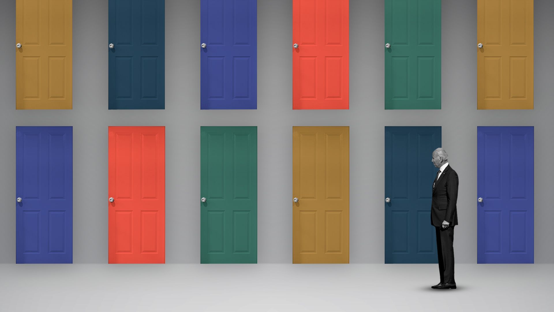 Photo illustration of Joe Biden in a room with walls covered in doors. 