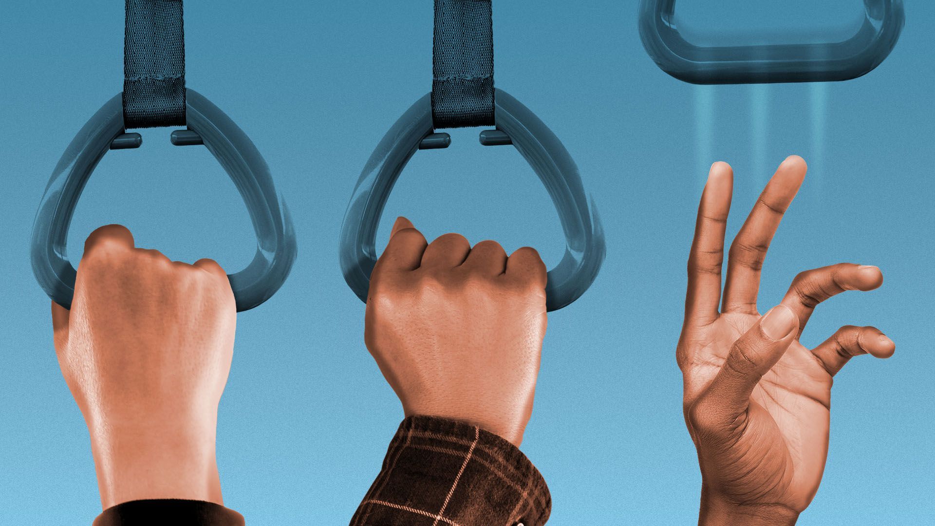 Illustration of hands holding public transit handles, with one being pulled away