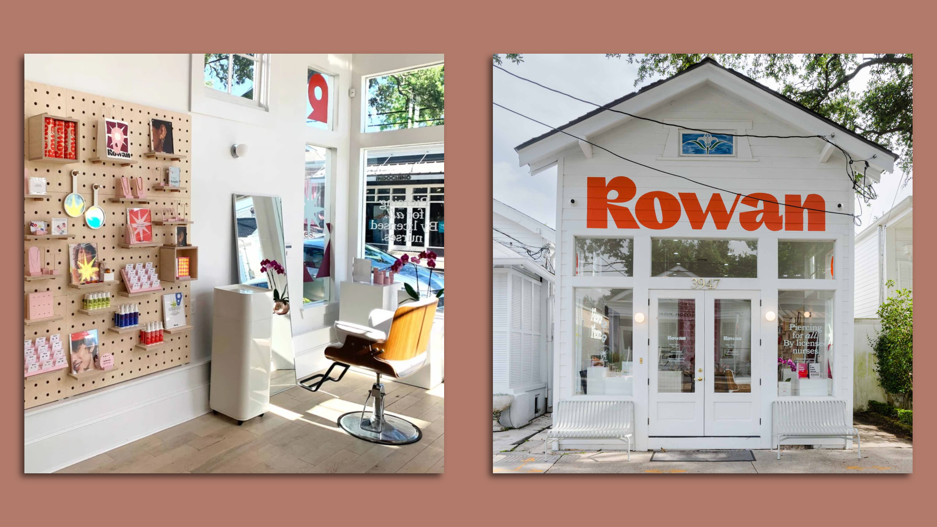 At left, a brightly lit-piercing studio. At right, a small white building with a large sign that says Rowan.