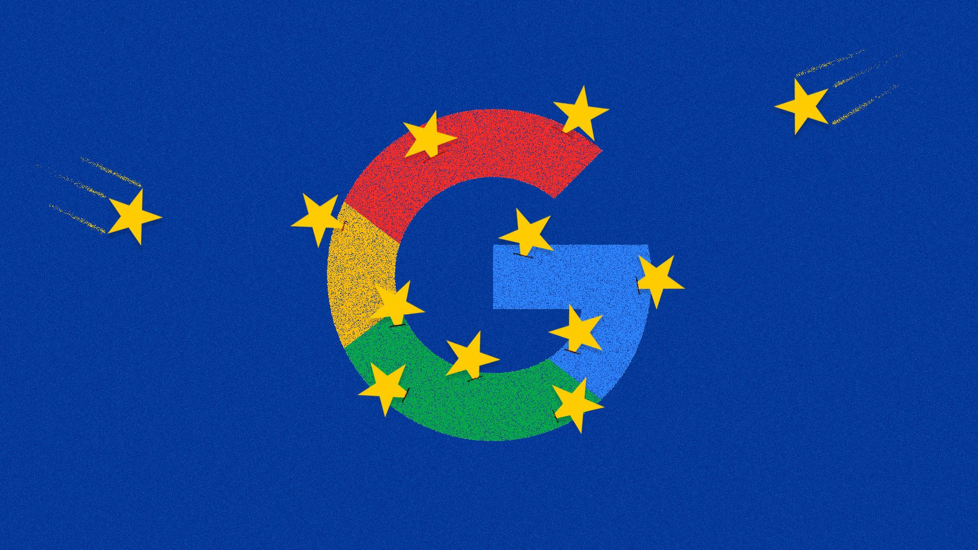 The Google G logo being attacked by the stars in the European Union flag