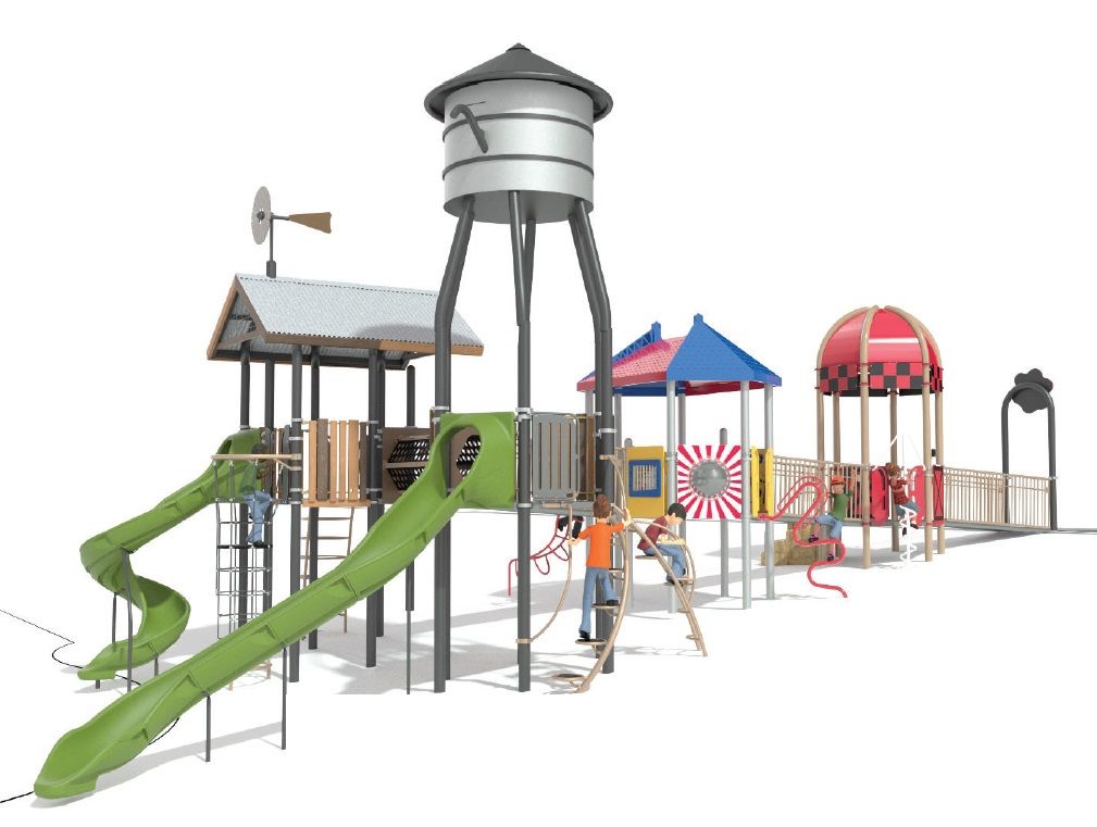 Colorful playground structure with green slides, climbing elements, a gray water tower, blue and red canopy roofs, and children playing on it against a white background.