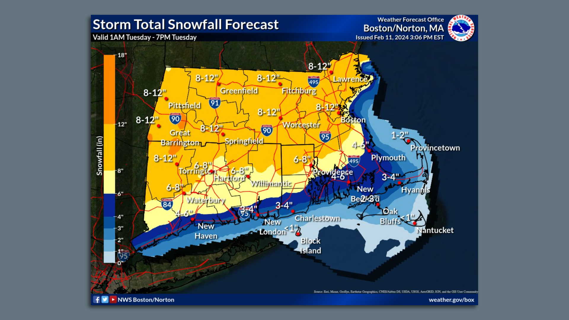 A snowfall forecast from the National Weather Service showing most of Massachusetts, minus the Cape and Islands could get 8-12 inches of snow on Tuesday, Feb. 13, 2024.