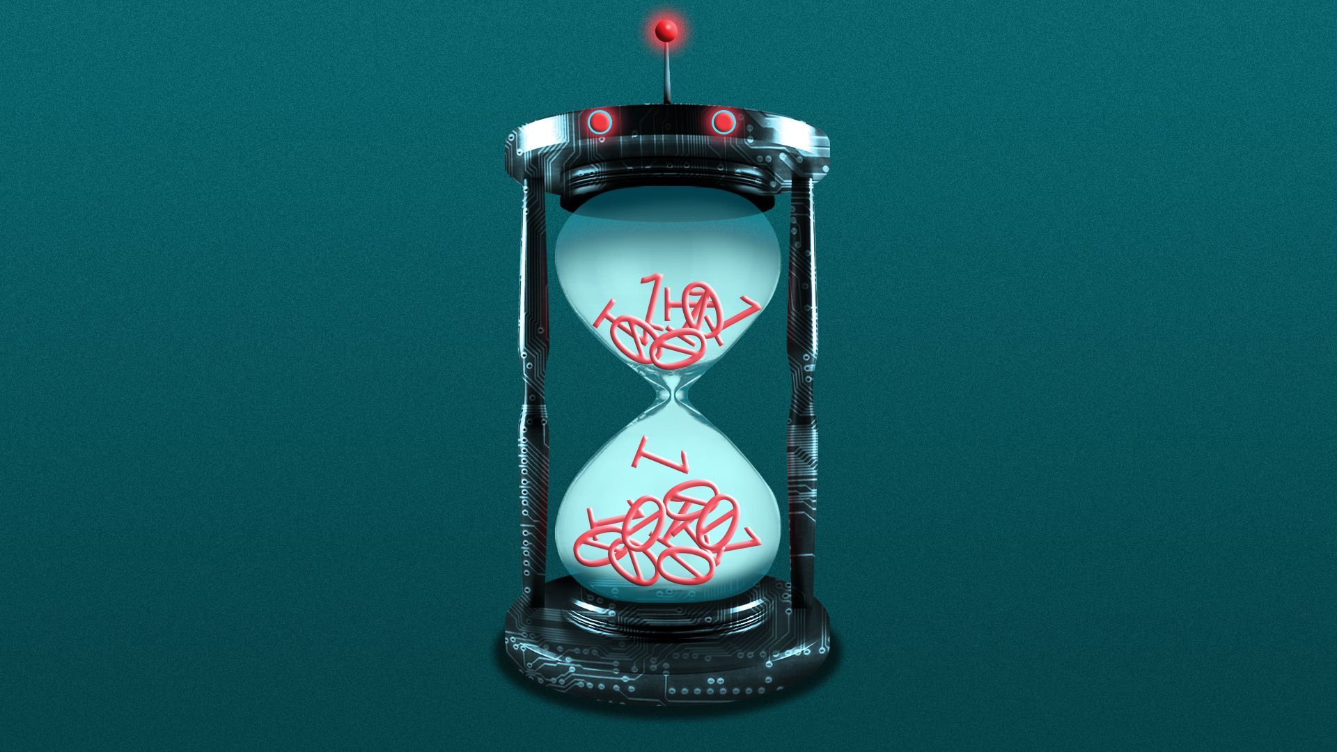 Illustration of a robot-like hourglass with binary code falling inside of it