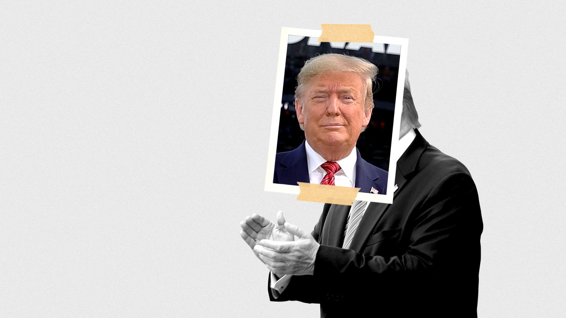 Illustration of Donald Trump with a Donald Trump photograph taped on top.