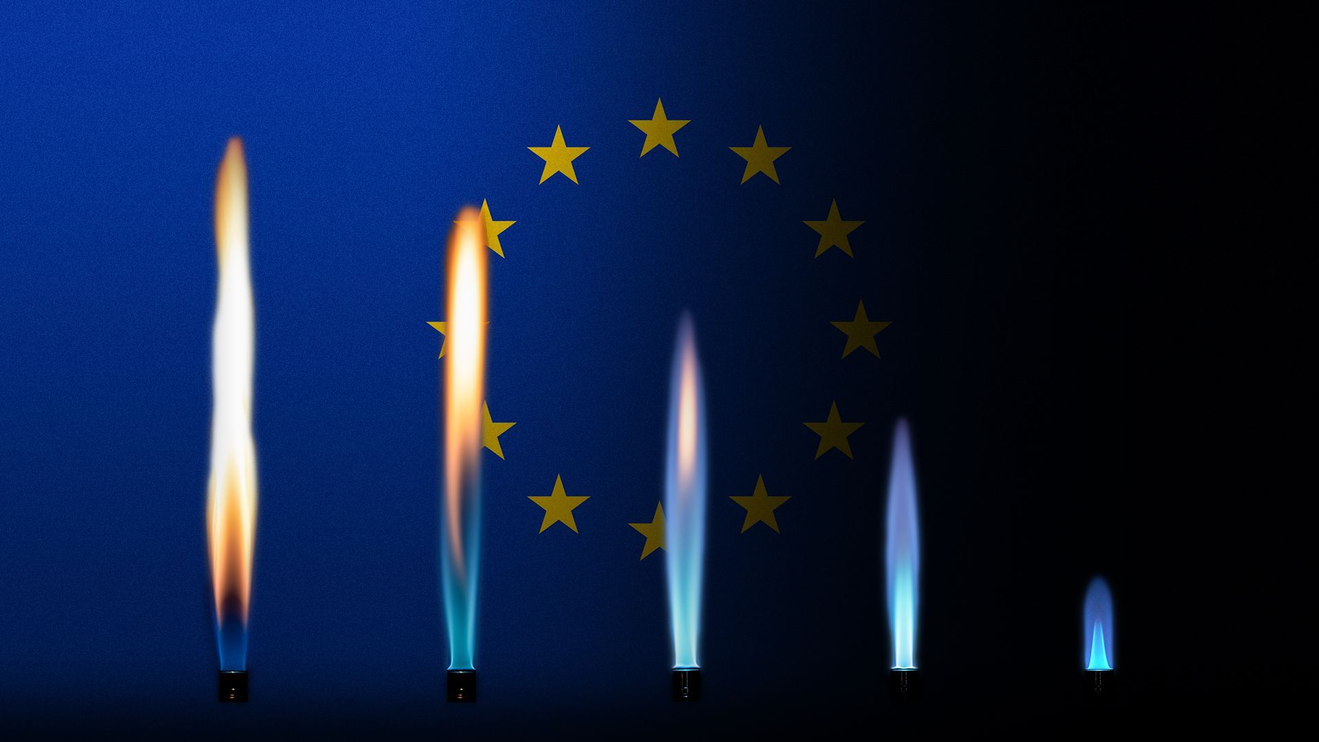 Illustration of a series of natural gas flames getting smaller in size as the EU flag in the background becomes dark without the light