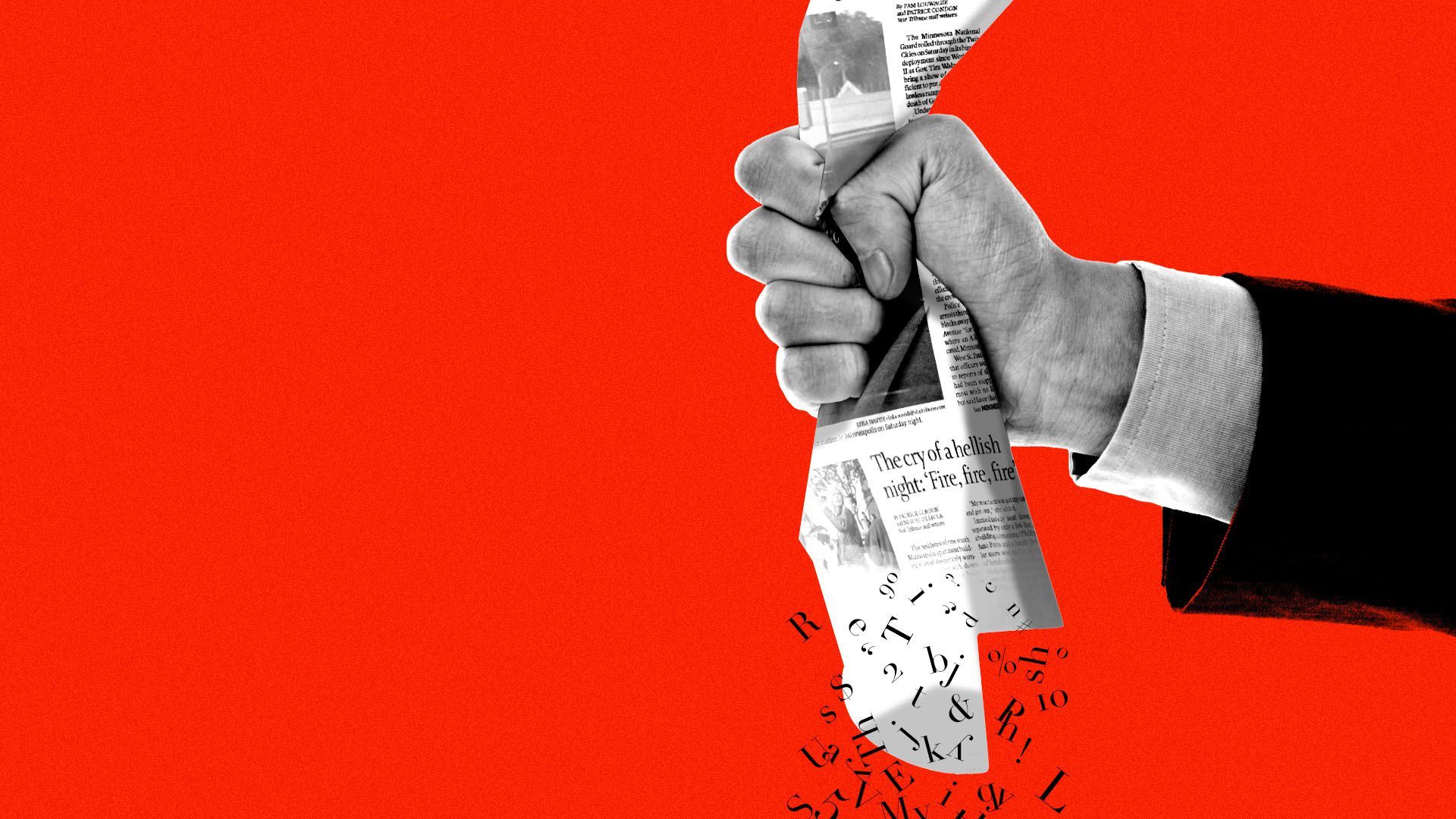 Illustration of a hand in a suit squeezing the letters out of a newspaper