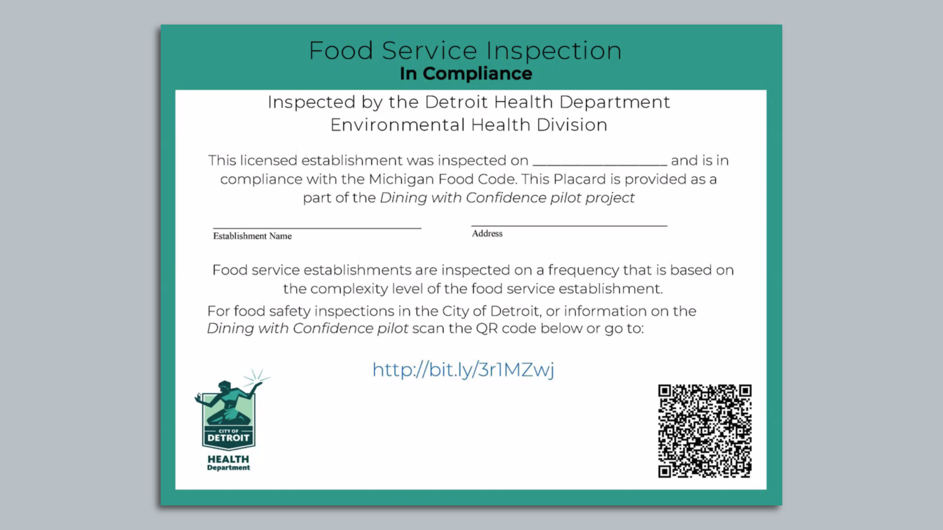 A green-rimmed food service inspection sign that says "in compliance" with details plus a QR code and city logo.