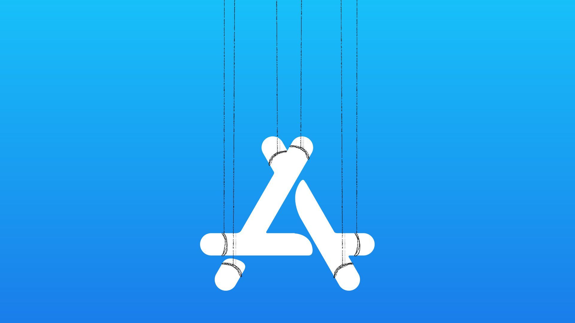 Illustration of the App Store logo on marionette strings.  