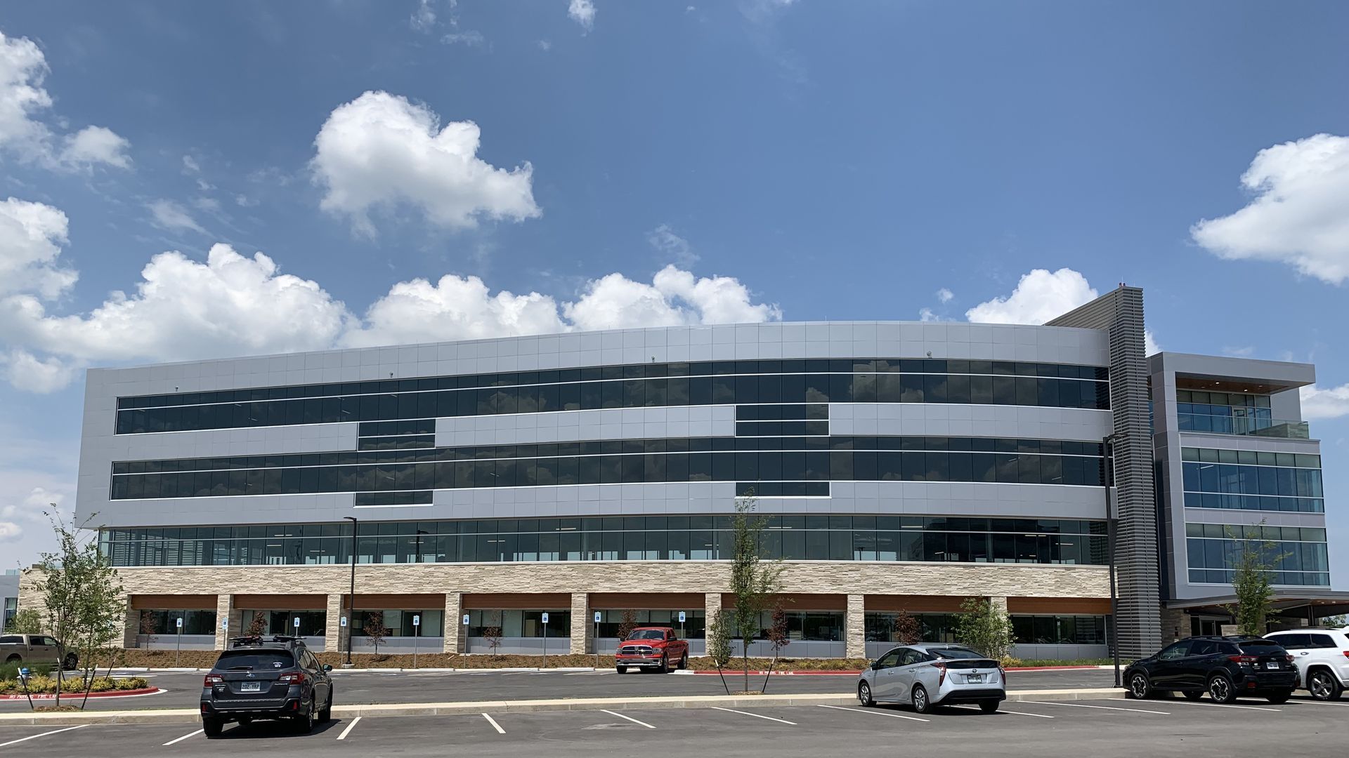 The exterior of a low office building