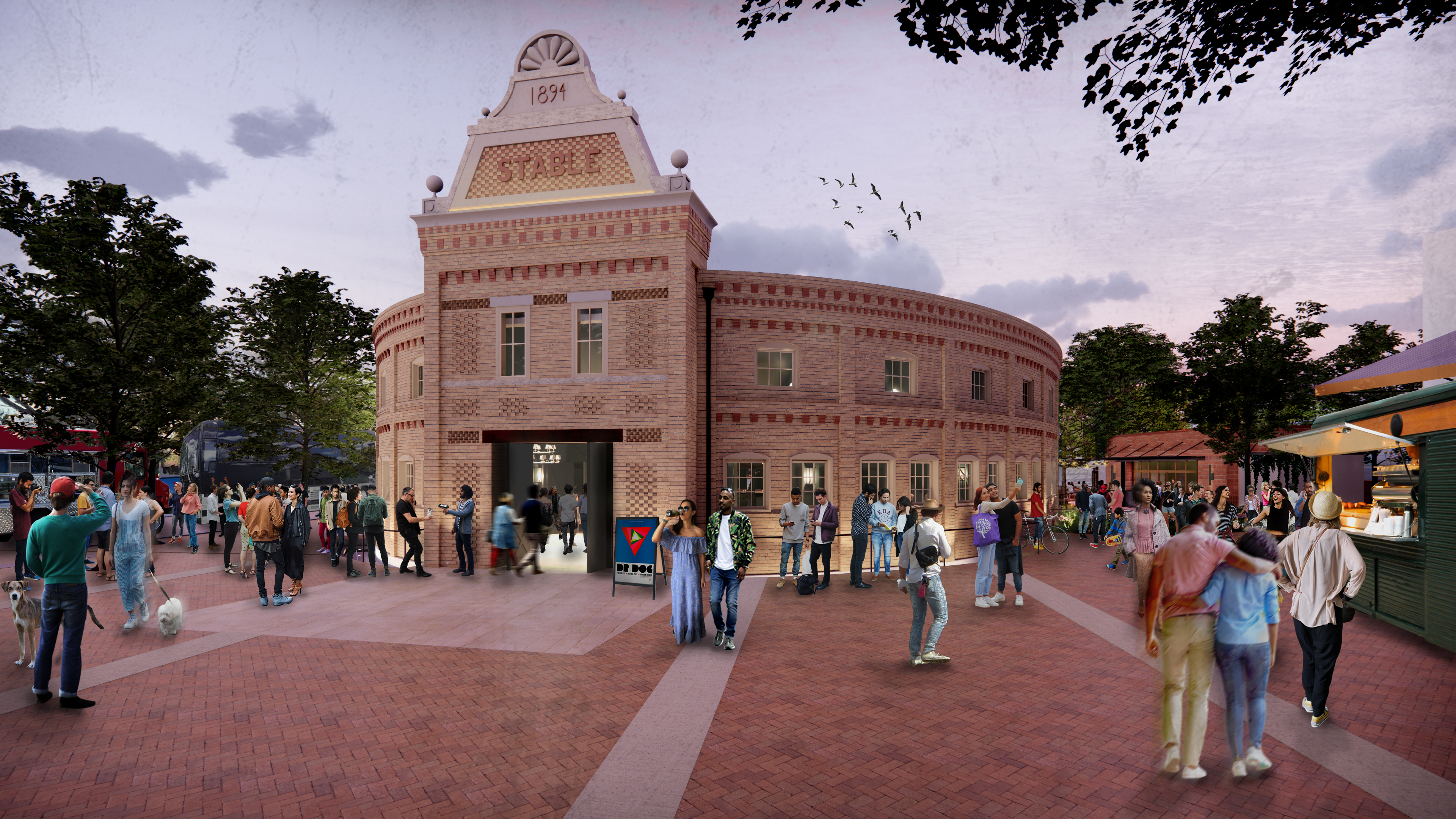 Rendering that shows the round, brick exterior of Stable Hall. 