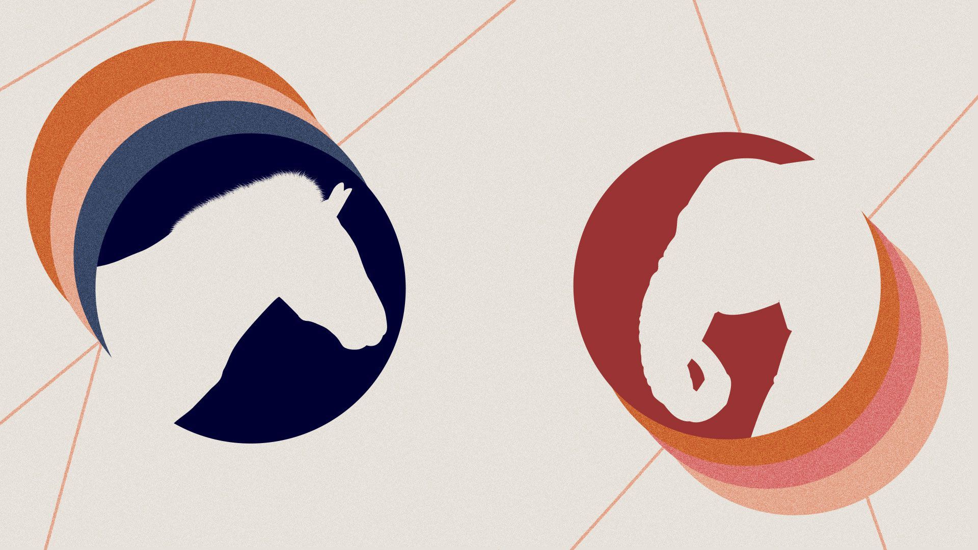Illustration of a democrat donkey and republican elephant facing each other