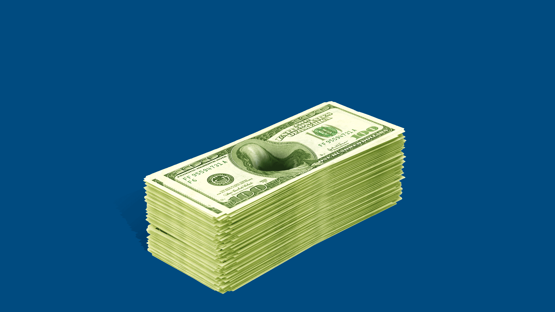 Animated illustration of a droplet of water eroding the center of a stack of hundred dollar bills. 