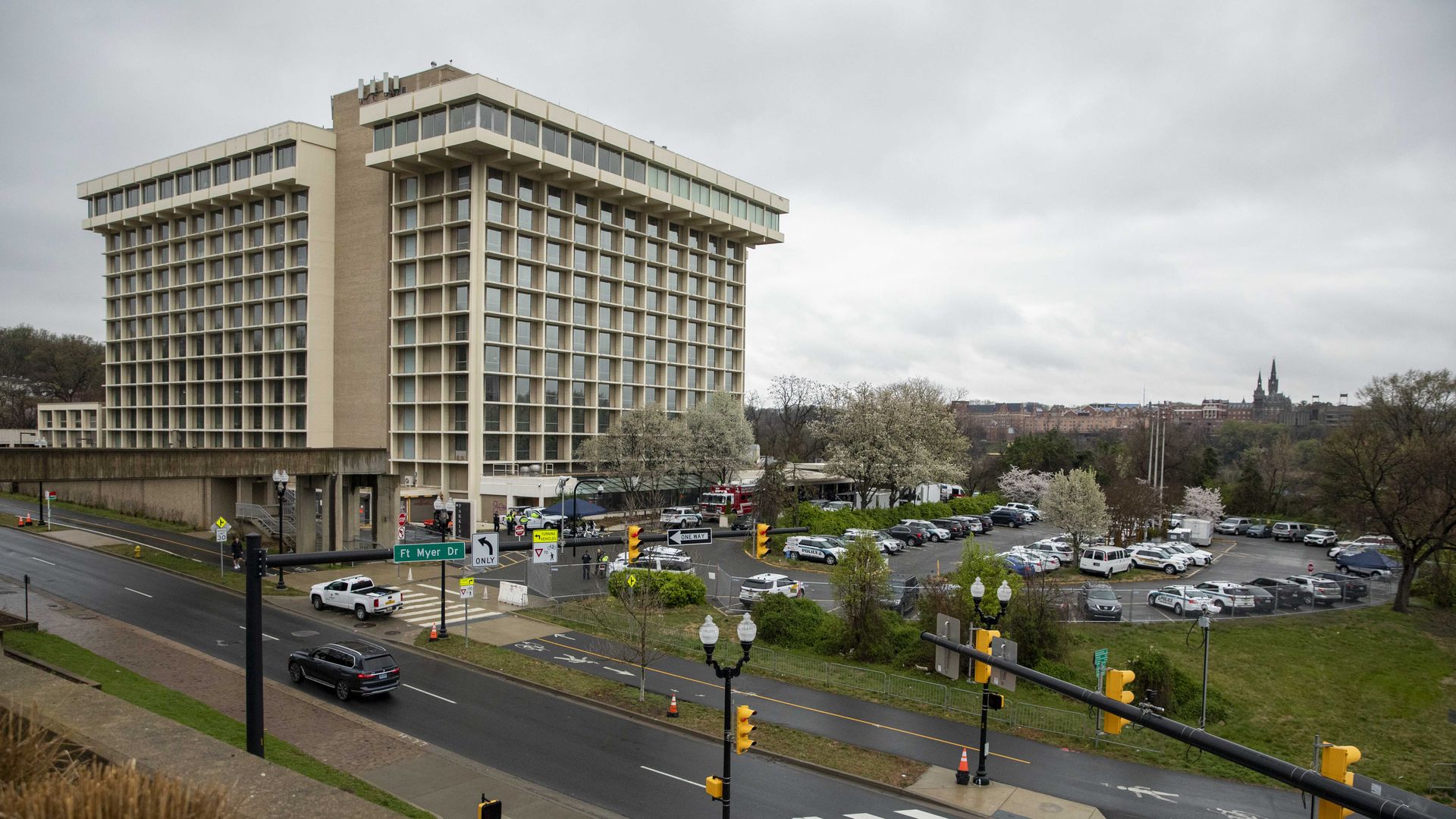 The exterior of the Key Bridge Marriott hotel.