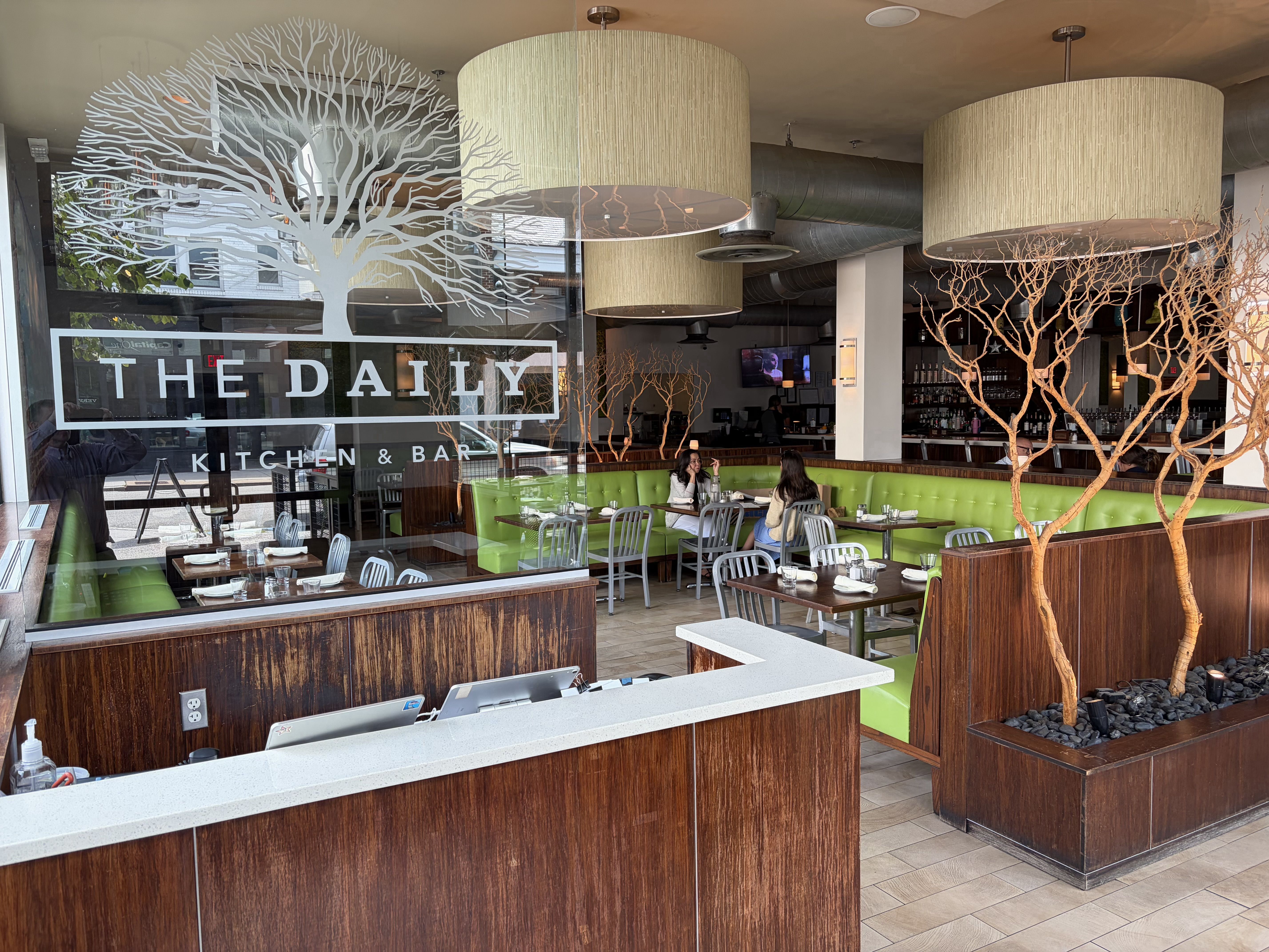 View of The Daily Kitchen & Bar interior: white tree mural on glass front, beige large cylindrical pendant lights, green bench seating, metal chairs, wooden booths, and diners at tables.